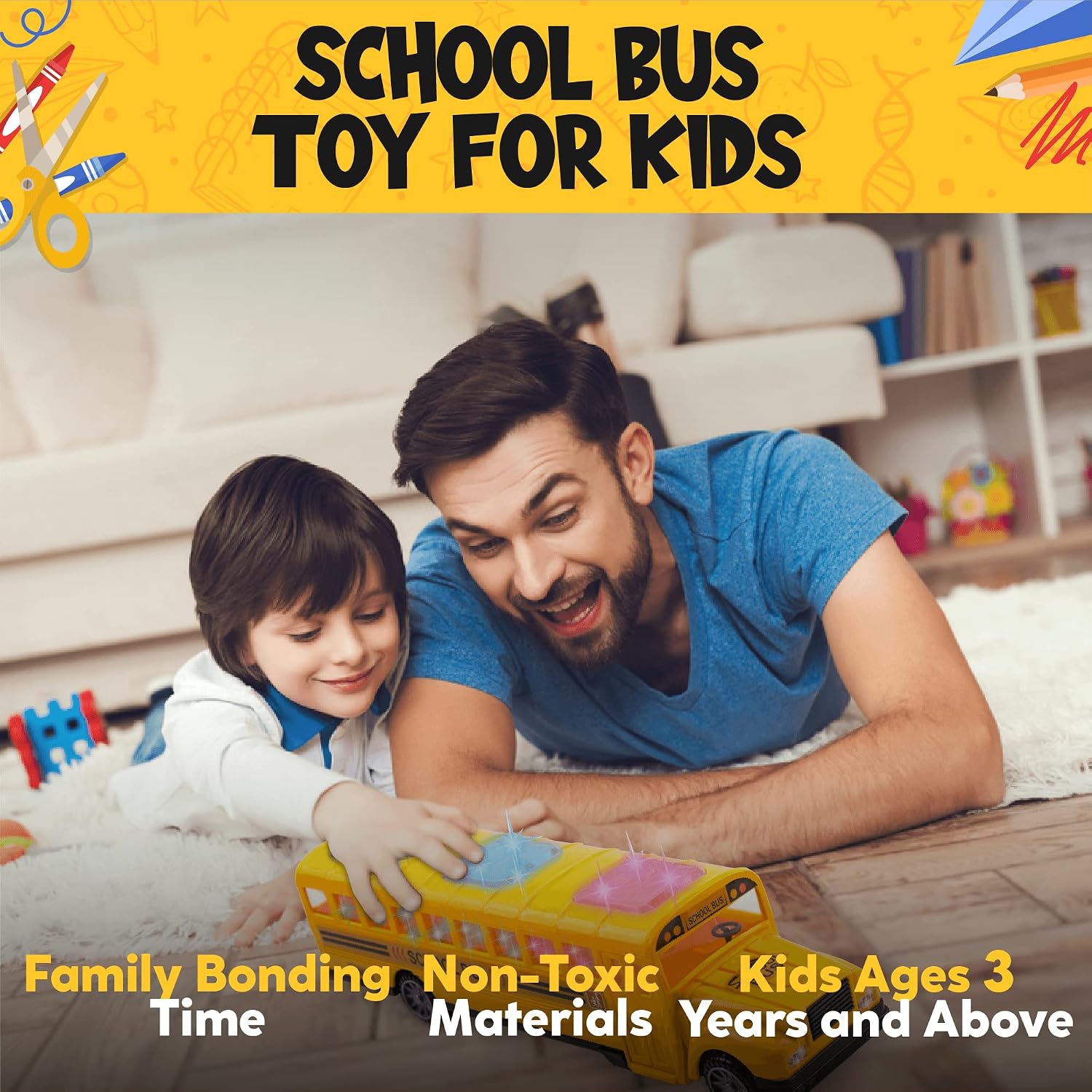 Yellow School Bus with Flashing LED Lights and Bus Sounds. Bump and Go Action Bus for Boys and Girls 3 Years Old and Above