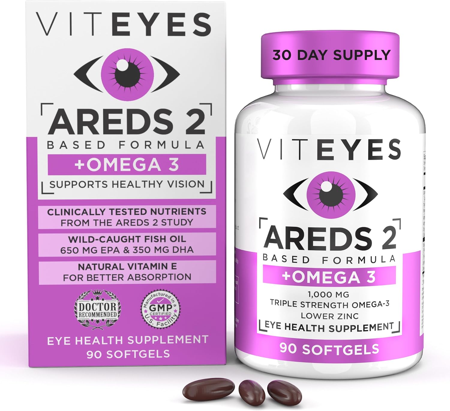Viteyes AREDS 2 + Omega-3 Macular Support Softgels, Plus Triple Strength Omega-3 (650 mg EPA, 350 mg DHA) for Heart Health & Eye Health, Eye Vitamins, Vision Supplement, 270 Softgels