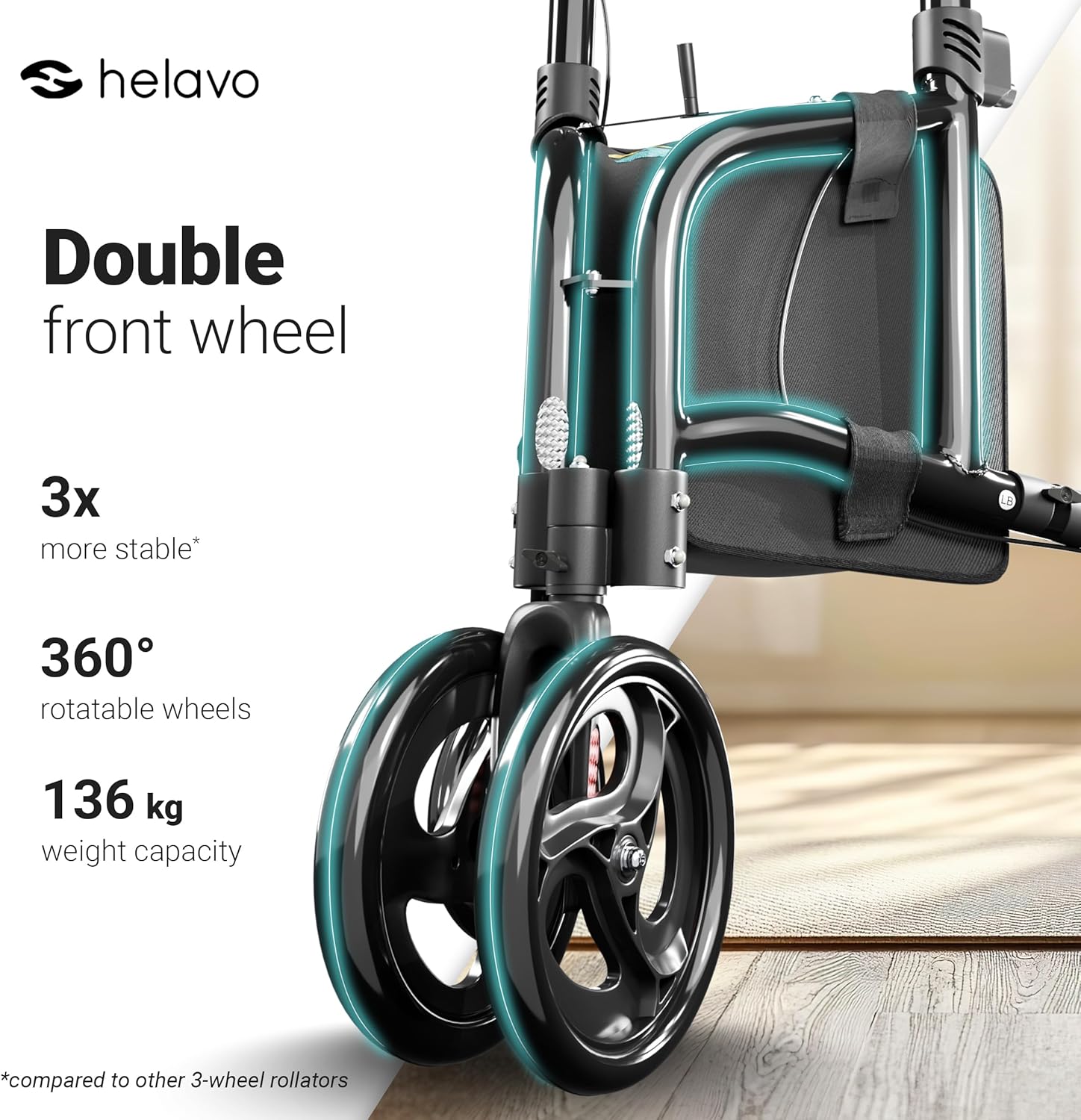 Helavo 3 Wheel Walker with Double Front Wheels, Narrow Walker for Seniors | Rollator Walker for Small Spaces, Easier Maneuverability, 26.8" Wide