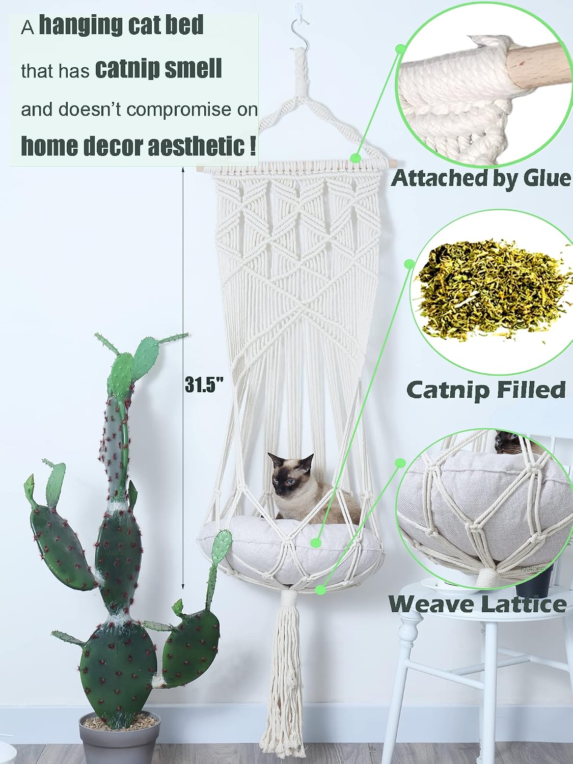 KARCEEY Macrame Cat Hammock Hanging Bed - Boho Wall Swing with Catnip Cushion for Wall Climber & Window Perch - Hardware Kit Included