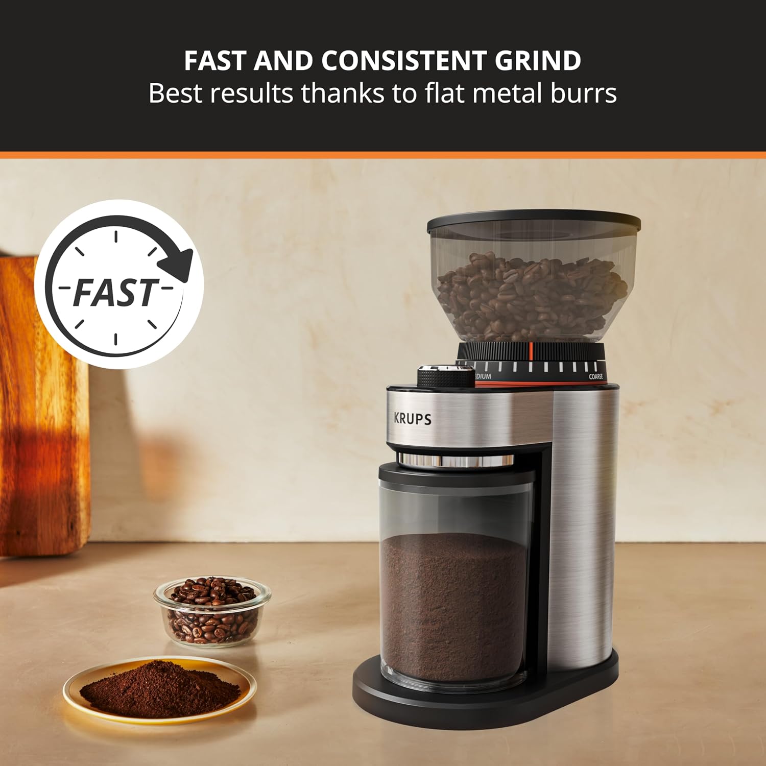 KRUPS Precision Burr Coffee Grinder: 12 Settings, 8 oz Capacity for Drip, French Press, Espresso, Pour Over, Cold Brew - Stainless Steel, 110W, Auto-Stop, Easy Clean - Coffee Grinders for Home Use