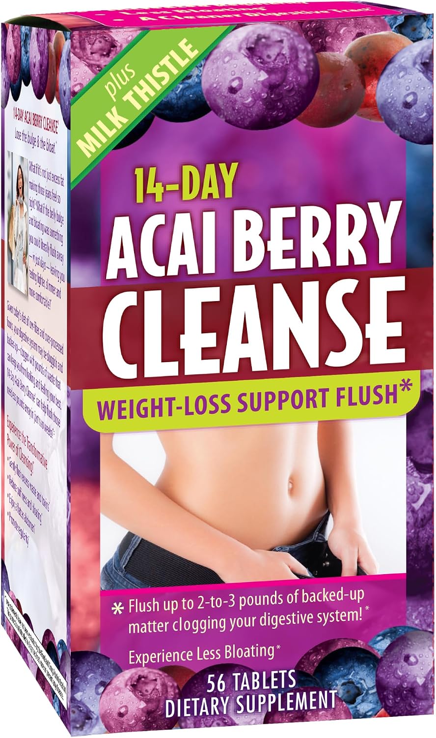 Applied Nutrition 14-Day Acai Berry Cleanse 56 Tablets Pack of 2 | Weight Management Support Flush + Milk Thistle | Bloating & Digestive Support | Cascara Sagrada | 2 X 56 Tablets