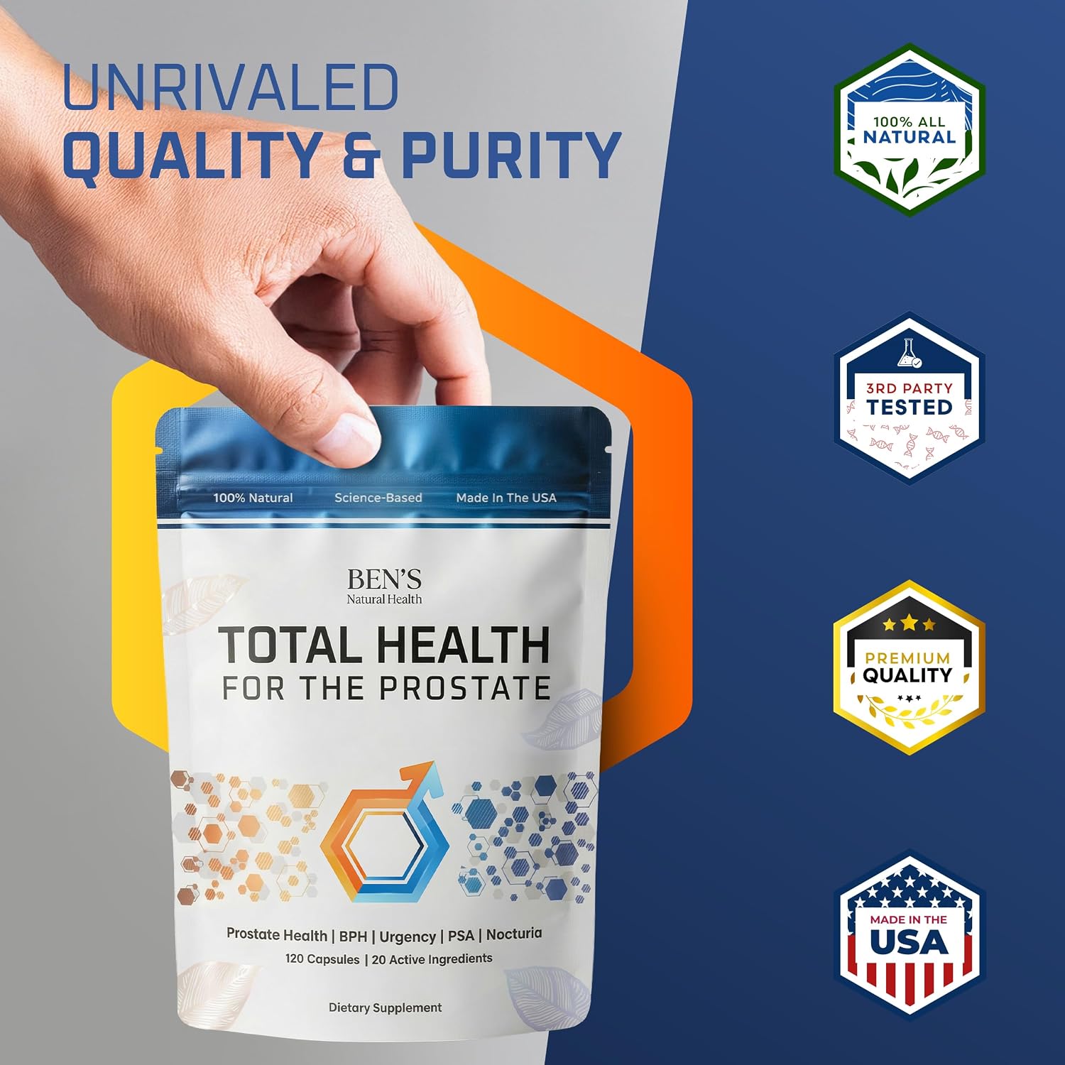 Ben's Natural Health Total Health for the Prostate Supplement with Beta Sitosterol Vitamins C, D, E, Zinc and Turmeric, 120 Vegicaps
