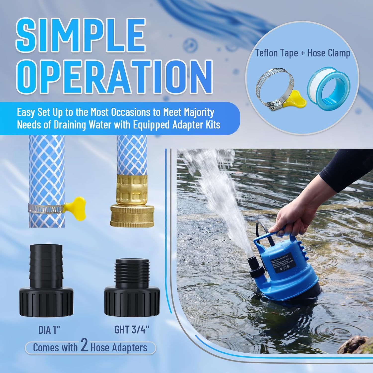 1/3 HP Submersible Water Pump 2000 GPH Portable Small Sump Pump For Pool Cover, Basements, Puddles
