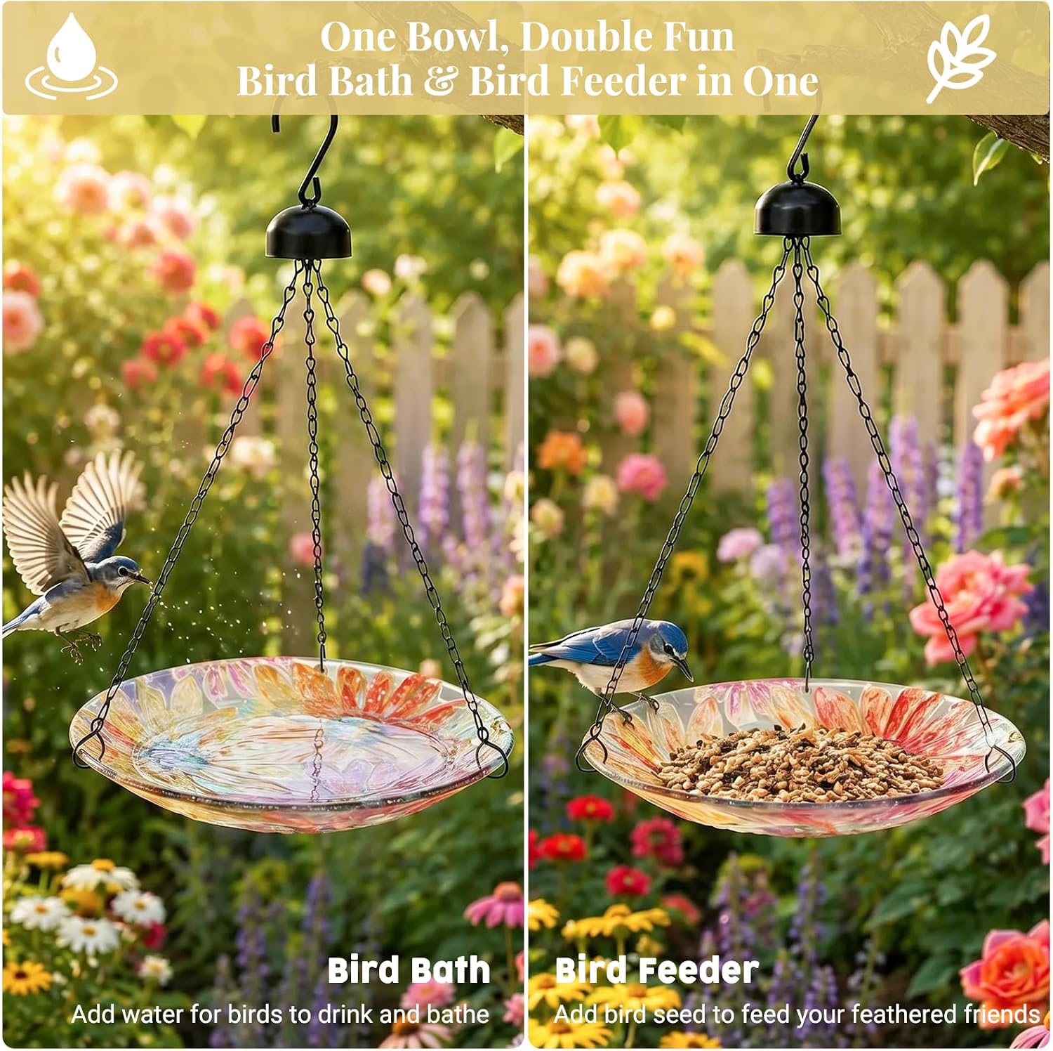 VCUTEKA Hanging Bird Baths Outdoor Glass Birdbath Feeder for Garden Decor
