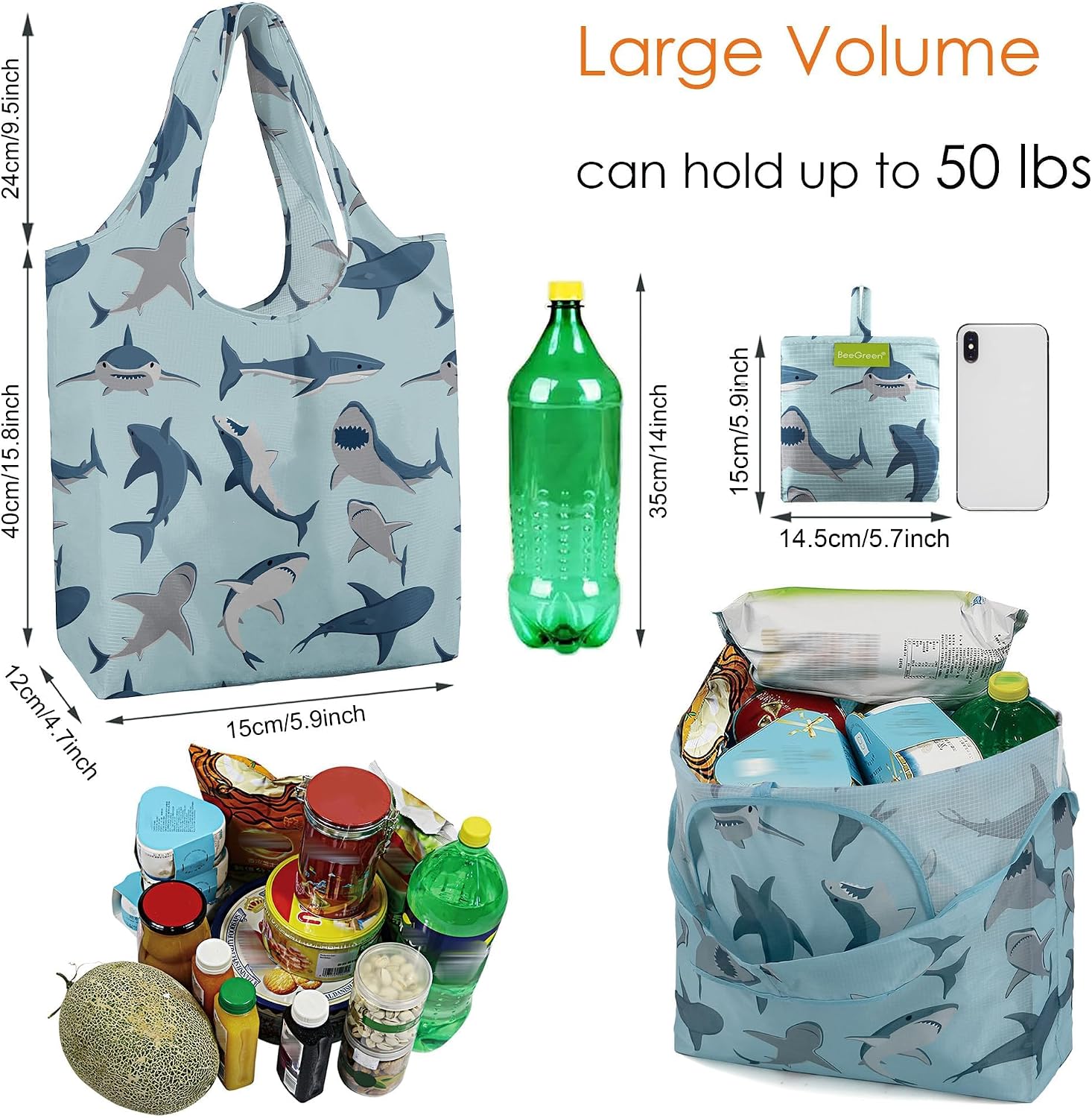 BeeGreen Grocery Bags | Reusable Gift Bags, Large Tote for Women & Foldable Beach Bag - 6 Pack Reusable Bag With Handles | Collapsible Cute Cloth Storage for Market, Holiday & Shopping | Washable​