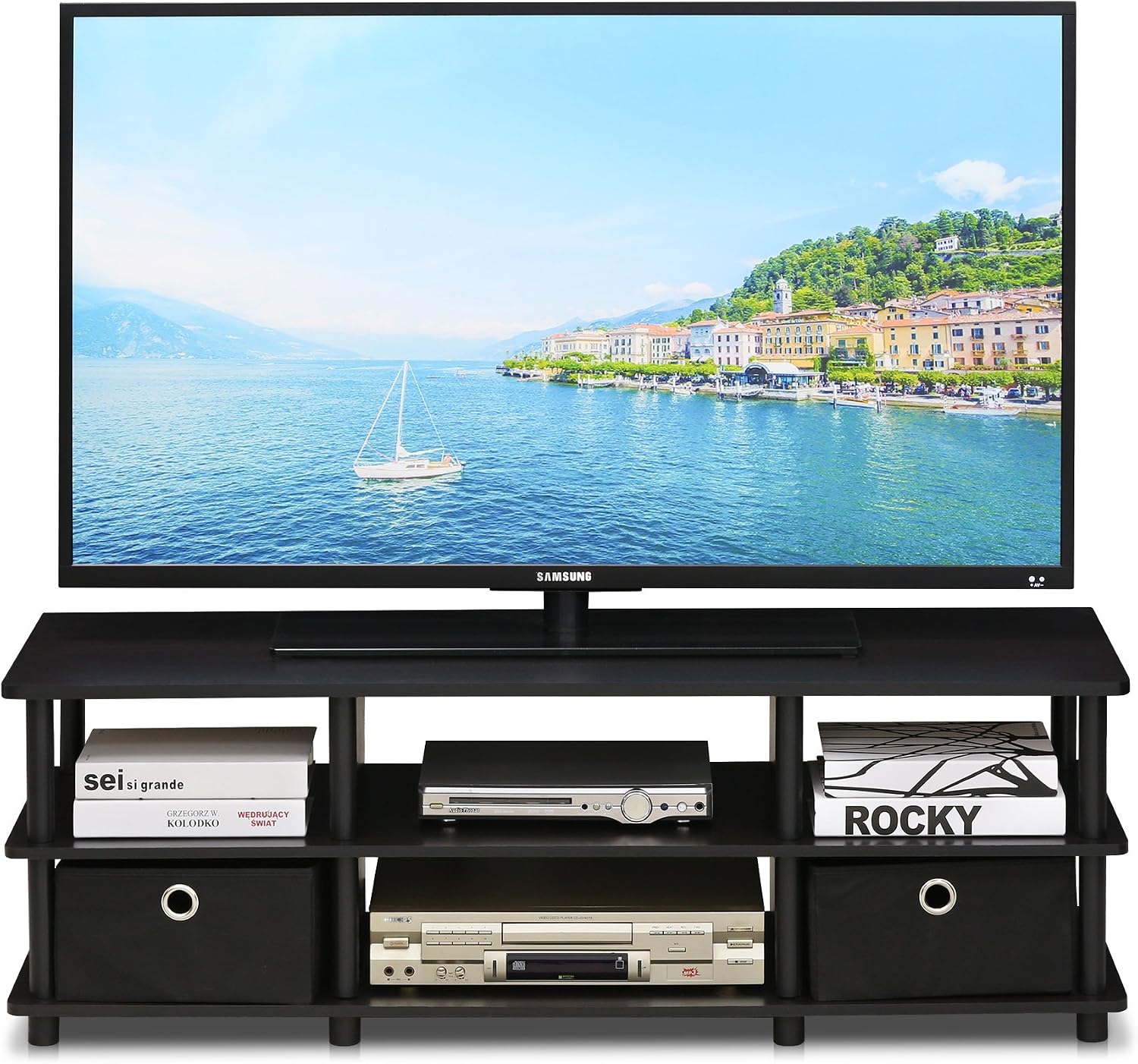 Furinno Nelly TV Stand, 3-Tier Entertainment Center with Open Shelves Storage, TV Console for TV up to 55 Inch, Soft Edges, for Living Room, Bedroom, Black