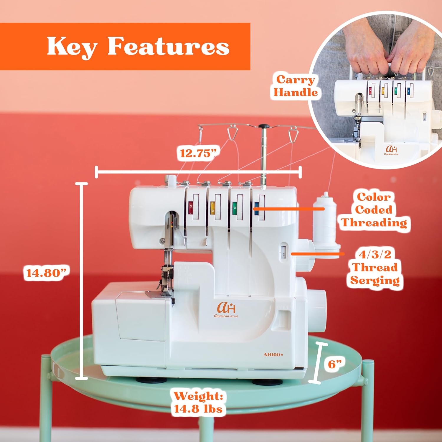 Serger Sewing Machine by American Home, Portable Stitching Machine Easy to Follow 4/3/2 Serger Thread with Differential Feed for Hemming and Sewing