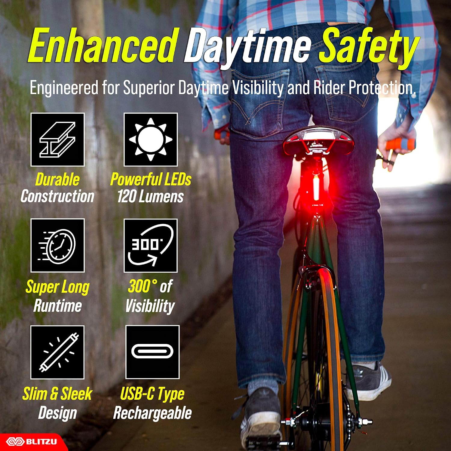 BLITZU Bike Tail Light, 2 Pack USB-C Rechargeable LED Bicycle Rear Lights | 120T, Bright LED, High Visibility Beam, 4 Modes, Easy Installation