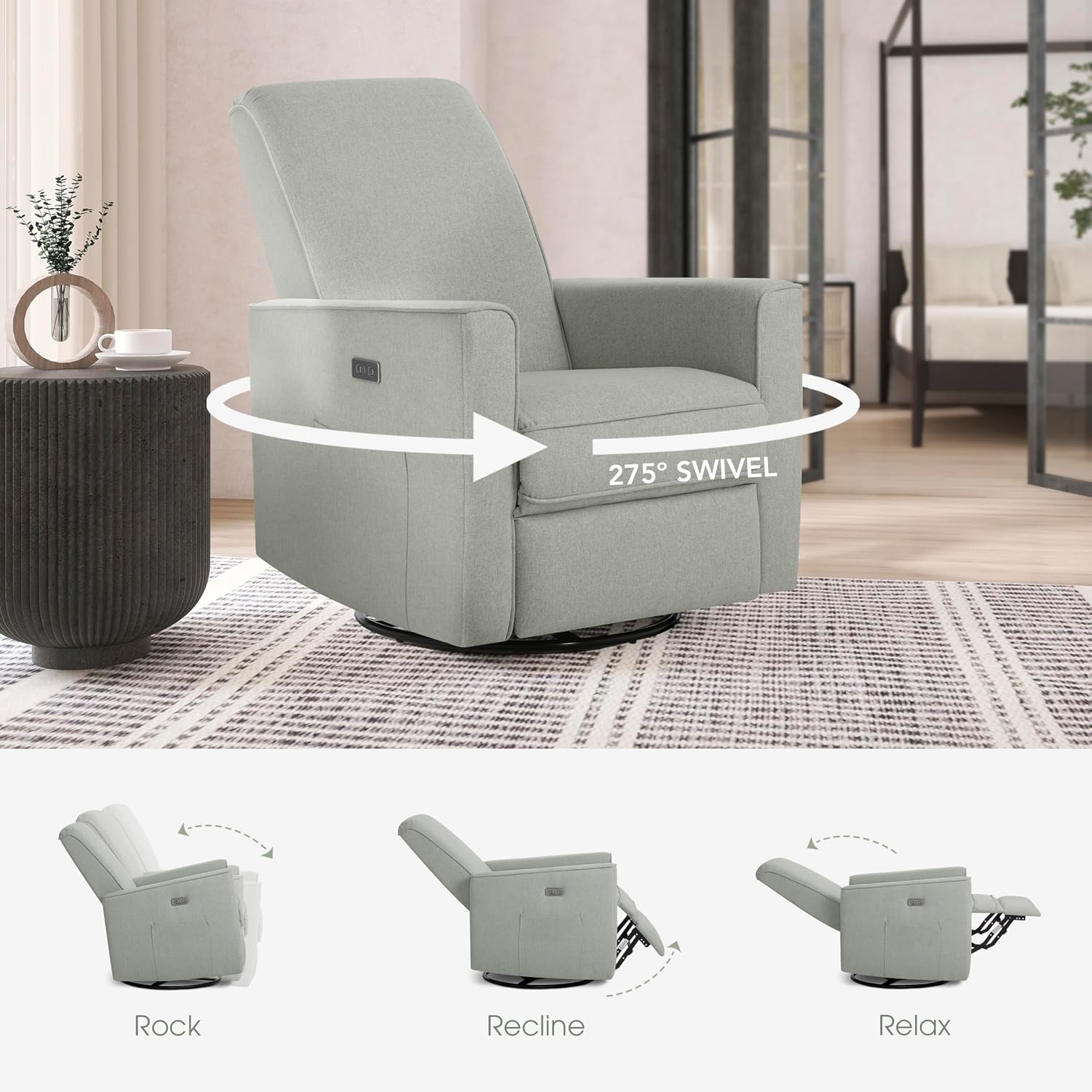 évolur Harlow Upholstered Power Glider Recliner with USB Charging – Rocking & 275° Swivel with Smooth Glide – Greenguard Gold & FSC