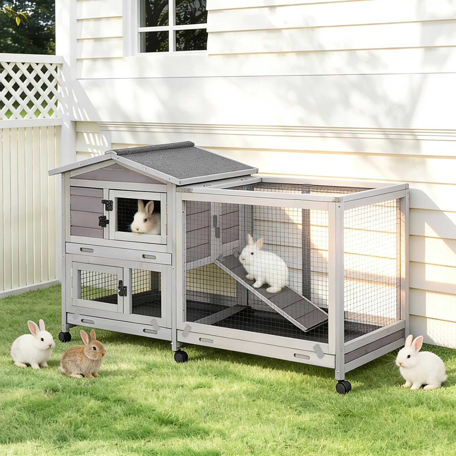 Indoor Rabbit Bunny Hutch Outdoor, Guinea Pig Cages with Removable Bottom Wire Netting - Easy Clean