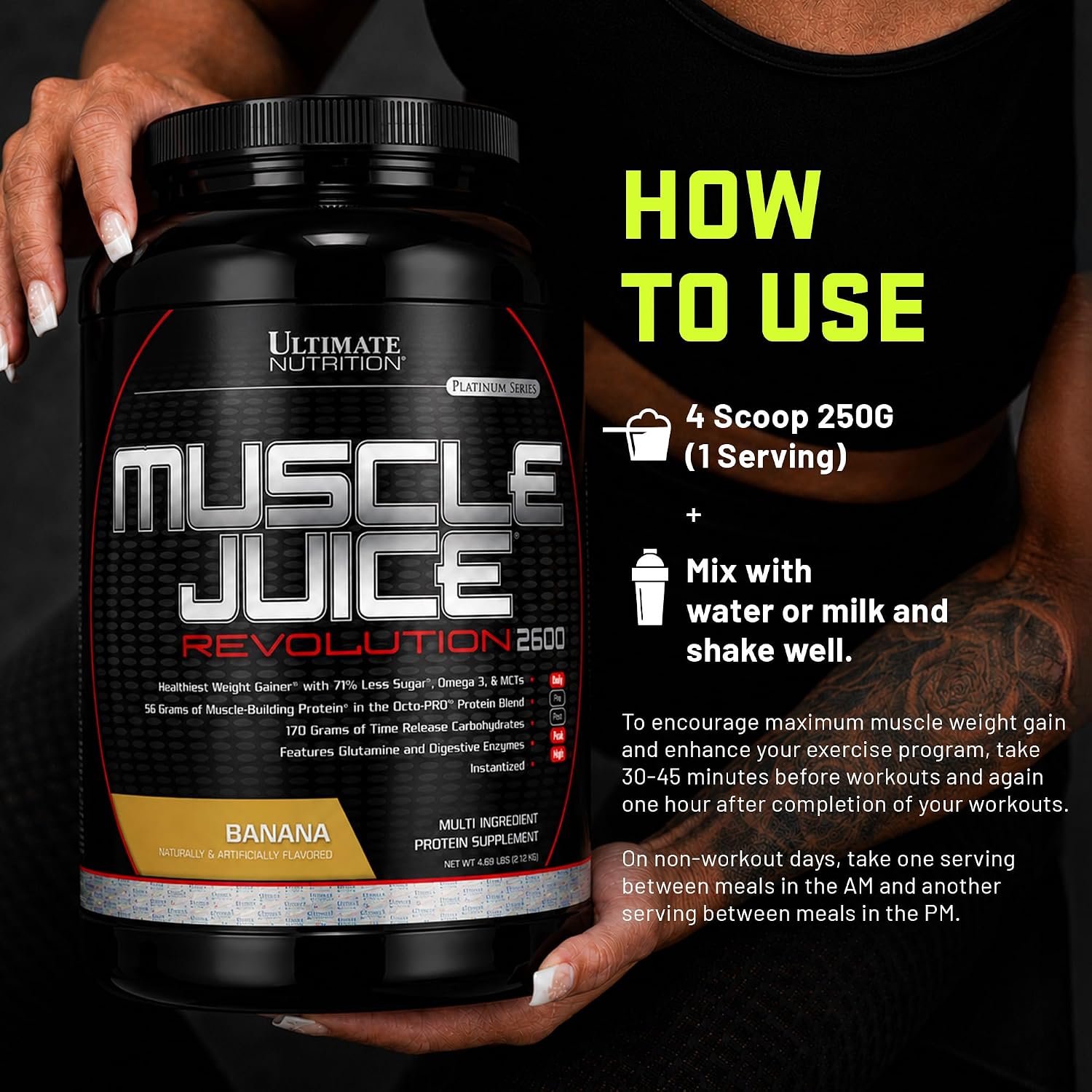 Ultimate Nutrition Muscle Juice Revolution 2600 Weight Gainer, Muscle Recovery with Glutamine, Micellar Casein and Time Release Complex Carbohydrates, Banana Protein Powder, 4.69 Pounds | 70g Octo-PRO™ Protein Blend, 175g Time-Release Carbs, 1000mg Gluta…