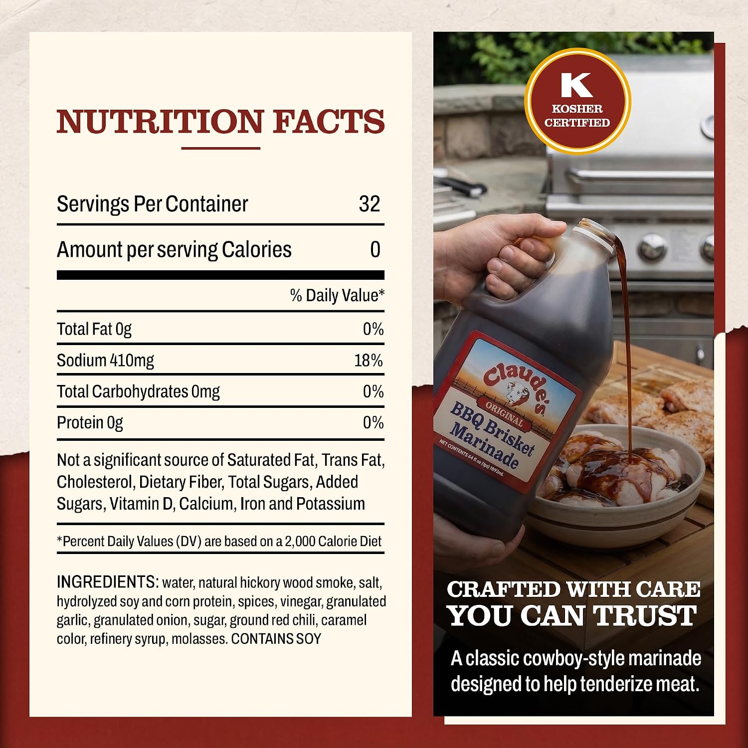 Claude's BBQ Brisket Marinade Sauce, Gluten Free Texas Style, 128 oz | Restaurant-size gallon of smoky Texas tenderizing brisket marinade - all natural & gluten free.