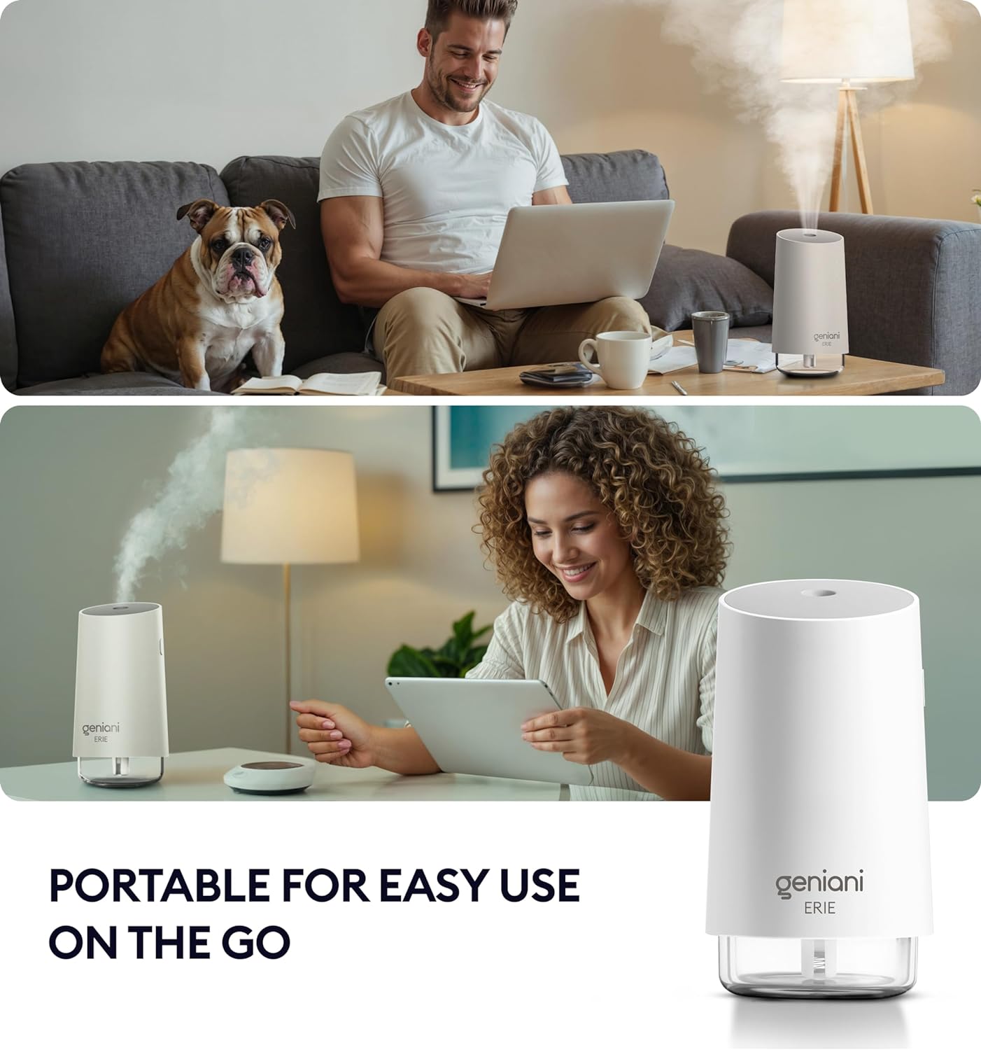 GENIANI Portable Cool Mist Humidifiers for Bedroom & Office - Ultrasonic Humidifier for Home, Baby, Small Room with Auto Shut Off