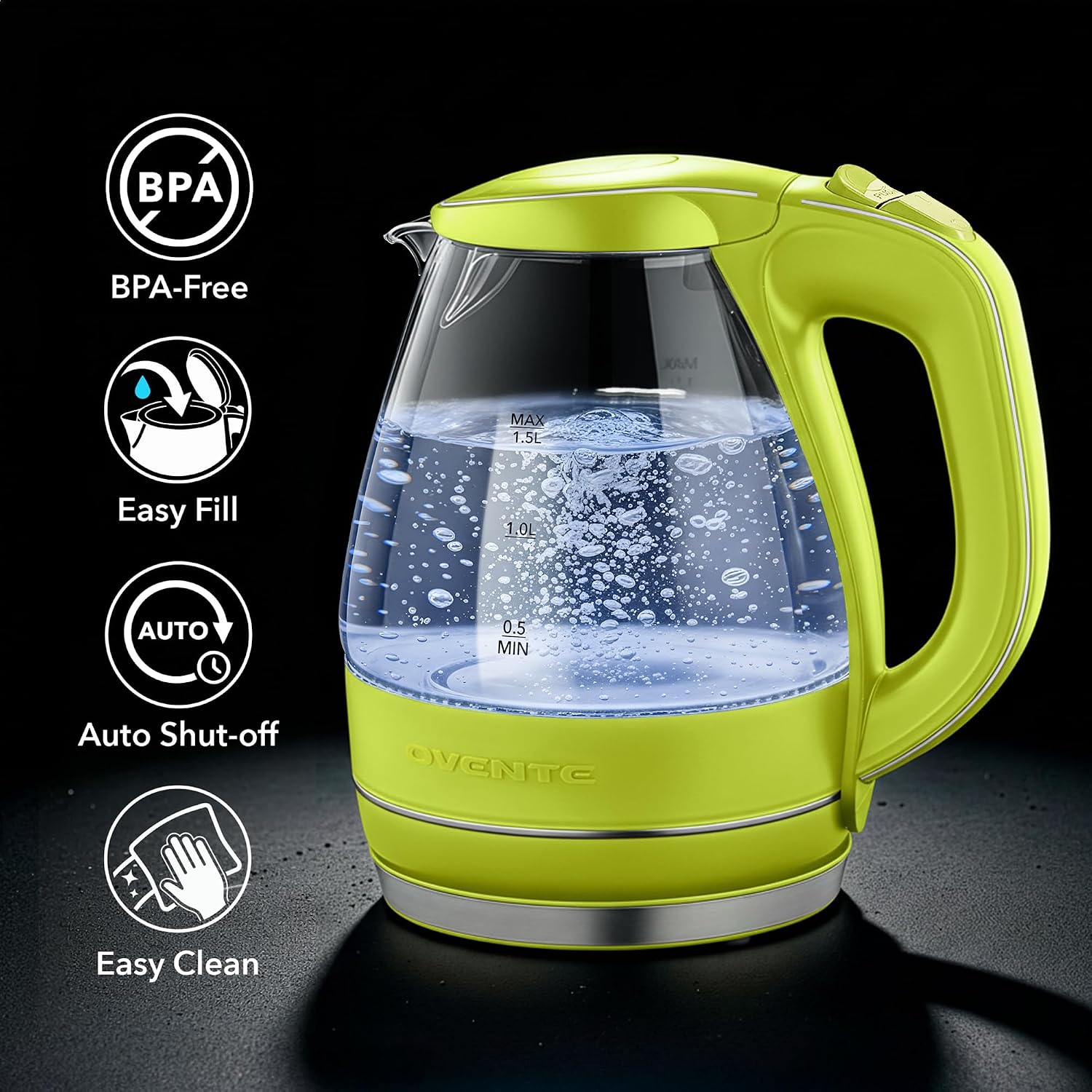 OVENTE 1.5L Glass Electric Kettle Water Boiler, Black KG83B | 1100W Fast Boiling, Borosilicate Glass, BPA-Free, Blue LED, Auto Shut-Off, Boil-Dry Protection, Removable Filter, 360° Base