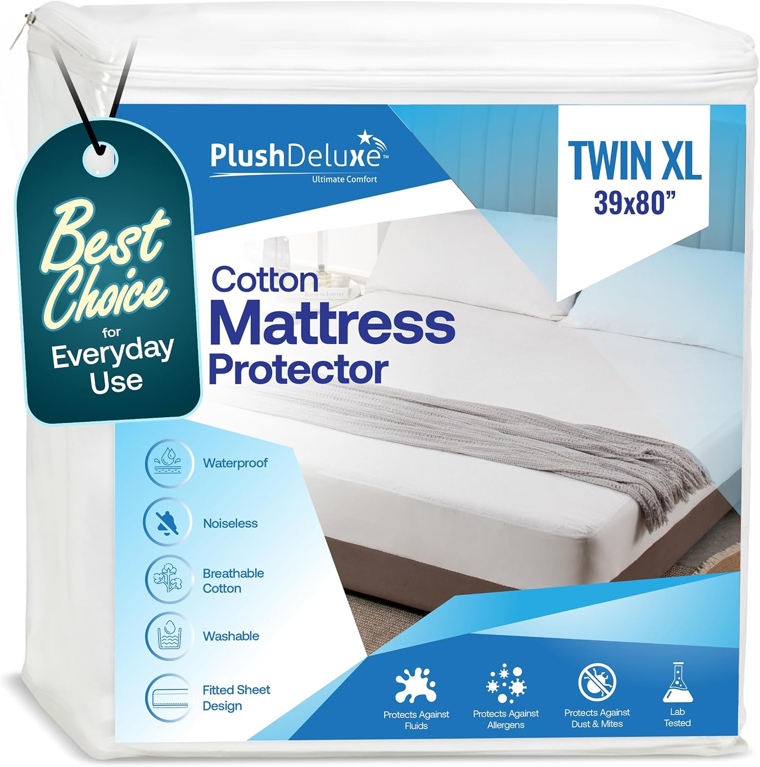 PlushDeluxe Waterproof King Mattress Protector, Terry Cotton | Fitted Sheet Bed Cover, Deep Stretchable Pockets, 76"x80"x18", Noiseless, Breathable, Hypoallergenic, Mite Proof, Washable