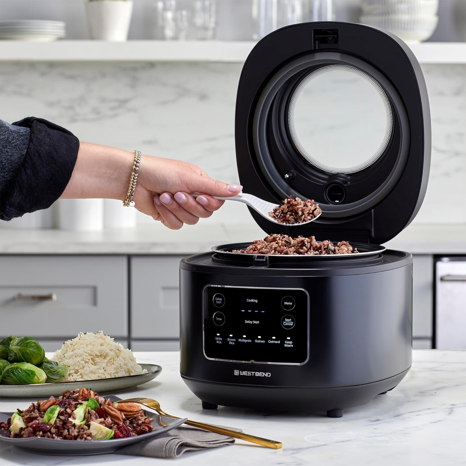 West Bend Rice & Grain Multi Cooker Programmable with 9 Preset Functions, Features Delay Start and Keep Warm Functions and Steam Basket, 20 Cups Cooked (10 cups uncooked), Stainless Steel