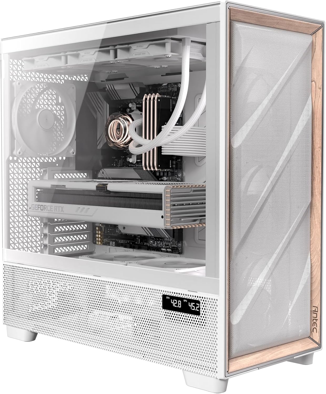 Antec Flux Pro Full-Tower E-ATX PC Case, 6 PWM Fans Included, Black | 6 PWM Fans, Walnut Wood Front Panel, High-Airflow, 90° Rotated PSU Mount, 420mm Radiator Support, CPU & GPU Temp Display