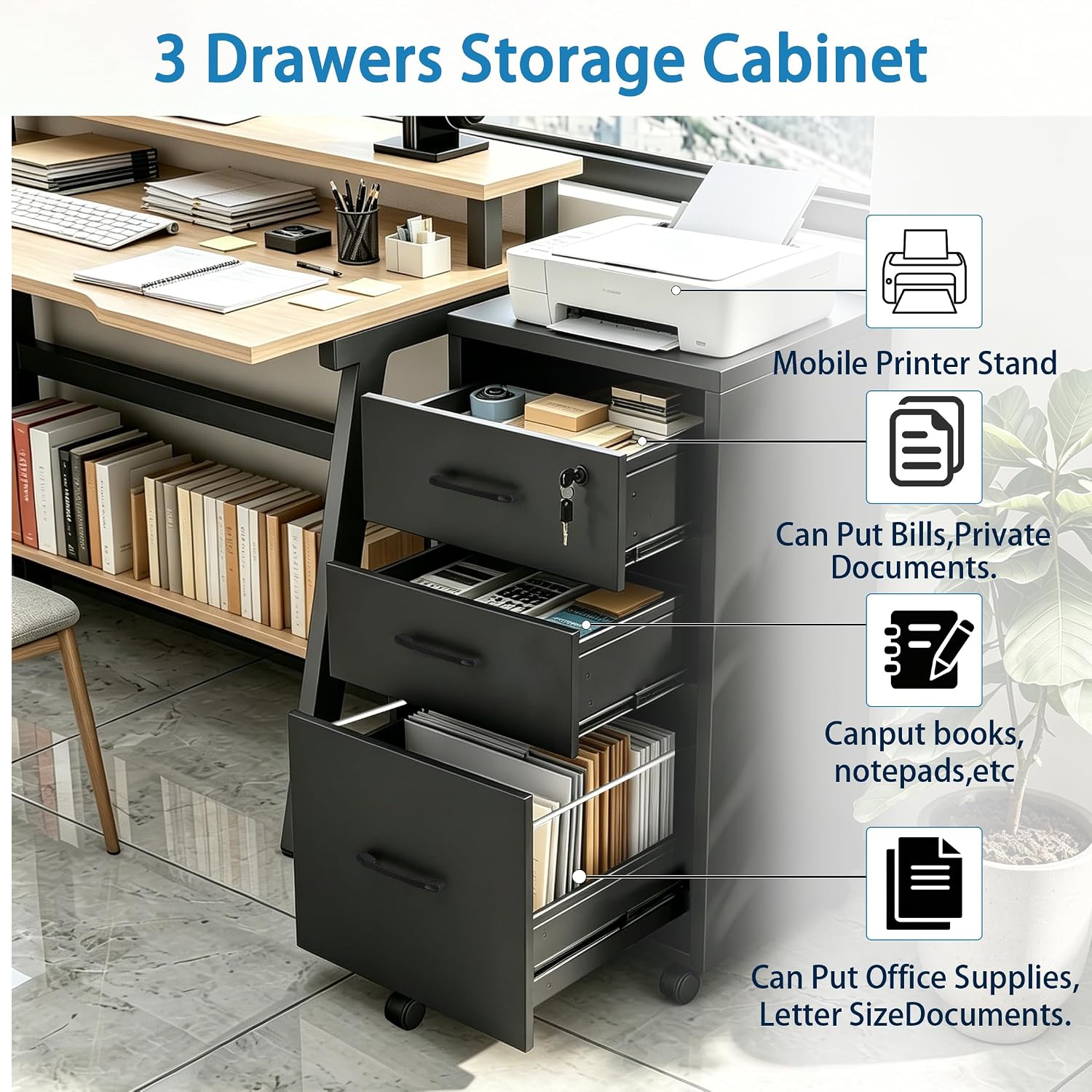 File Cabinet With Lock, 3 Drawer Wood Rolling Filing Under Desk for Home Office, Storage Fits Letter/A4 Size, Mobile Printer Stand, White