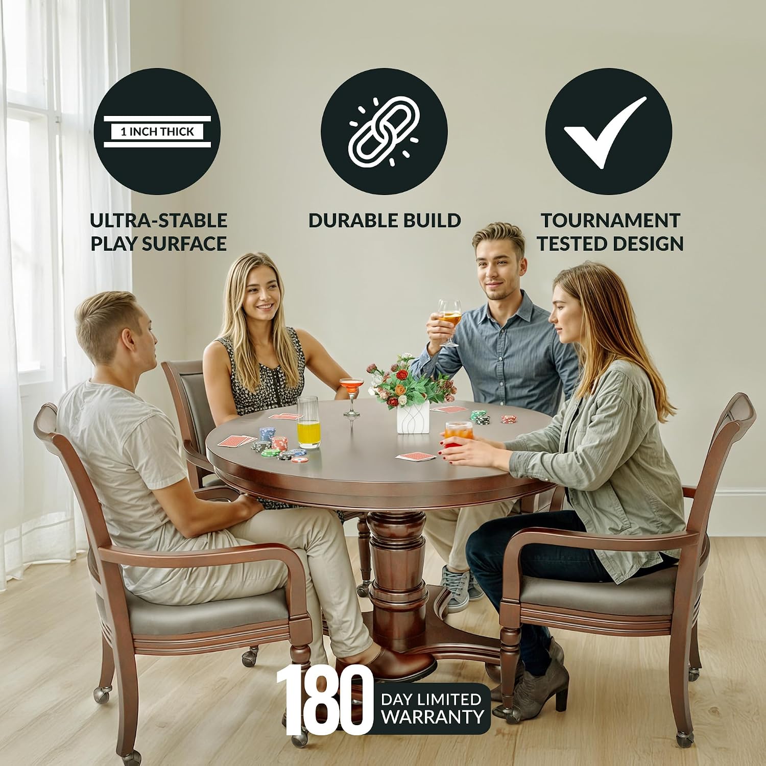 Hathaway Bridgeport 2 in 1 Round Poker Table and Chairs Set for Dining & Game Rooms – Furniture Grade Hardwood, Sturdy Pedestal Legs, Drink Holders