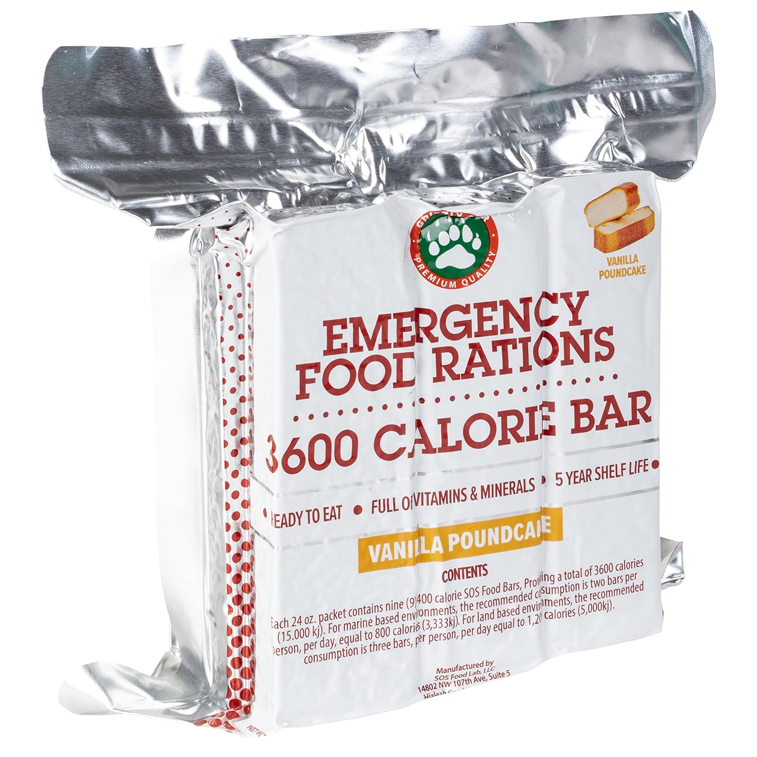Grizzly Gear Emergency Food Rations- 3600 Calorie Bar (Vanilla Poundcake) - 3 Day, 72 Hour Ready To Eat Supply For Disaster, Hurricane, Flood Preparedness - Non Thirst Provoking - 5 Year Shelf Life