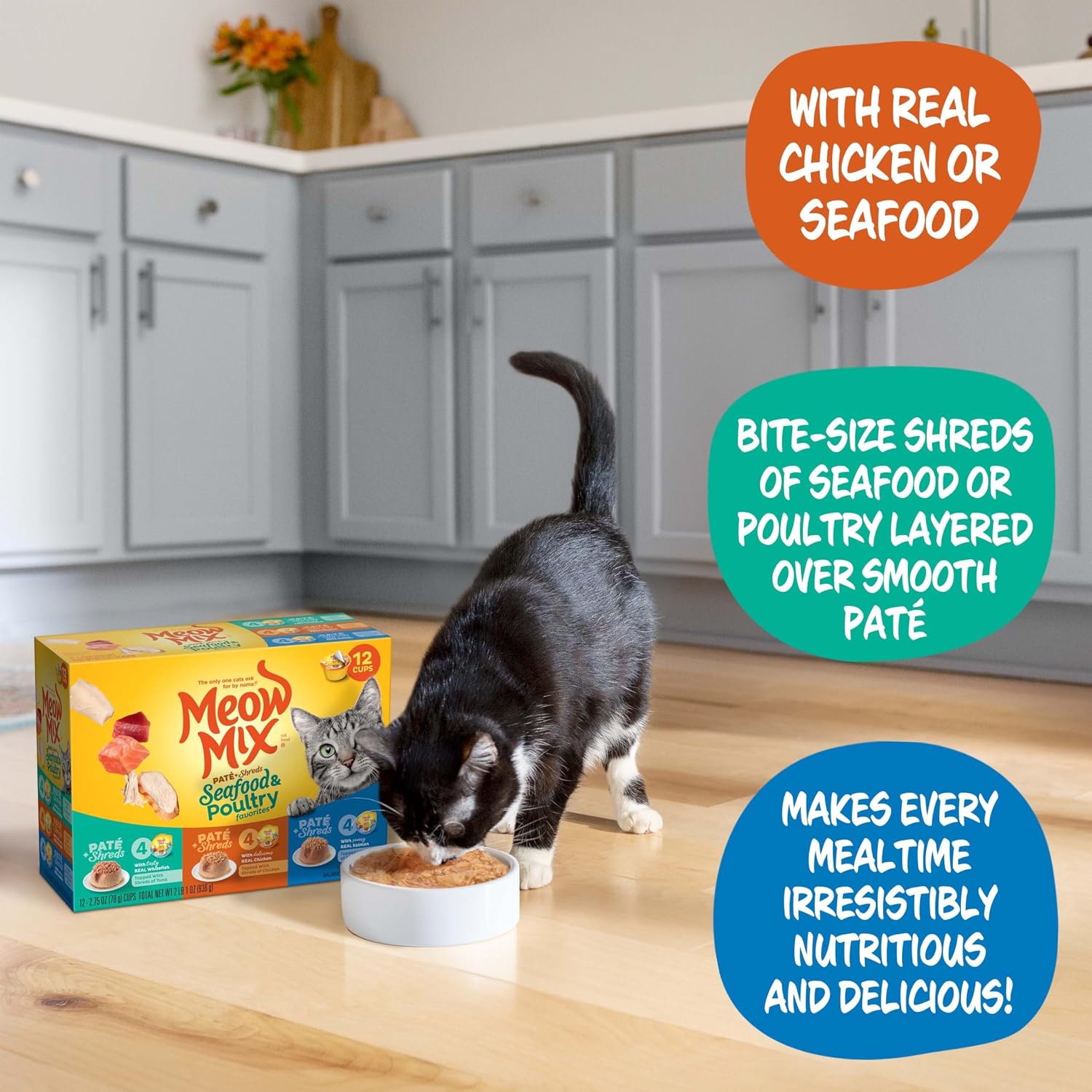 Meow Mix Paté & Shreds Wet Cat Food Variety Pack, Seafood & Poultry Favorites, 2.75 Ounce Cup (Pack of 12)