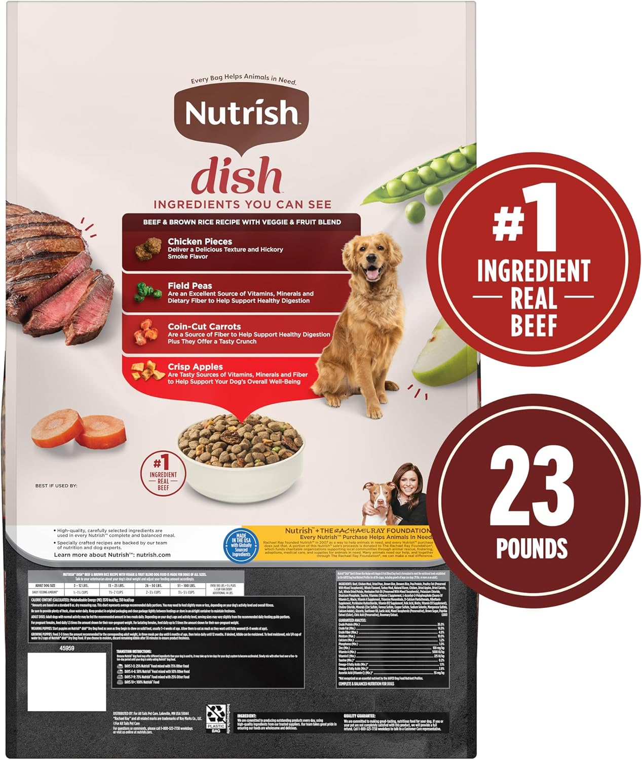 Nutrish Dish Dry Dog Food, Beef Recipe, 11.5 lb. Bag (Rachael Ray) | Made with Brown Rice and Veggies & Fruit Blend, Veterinarian Reviewed Formula, Complete & Balanced Nutrition For Dogs