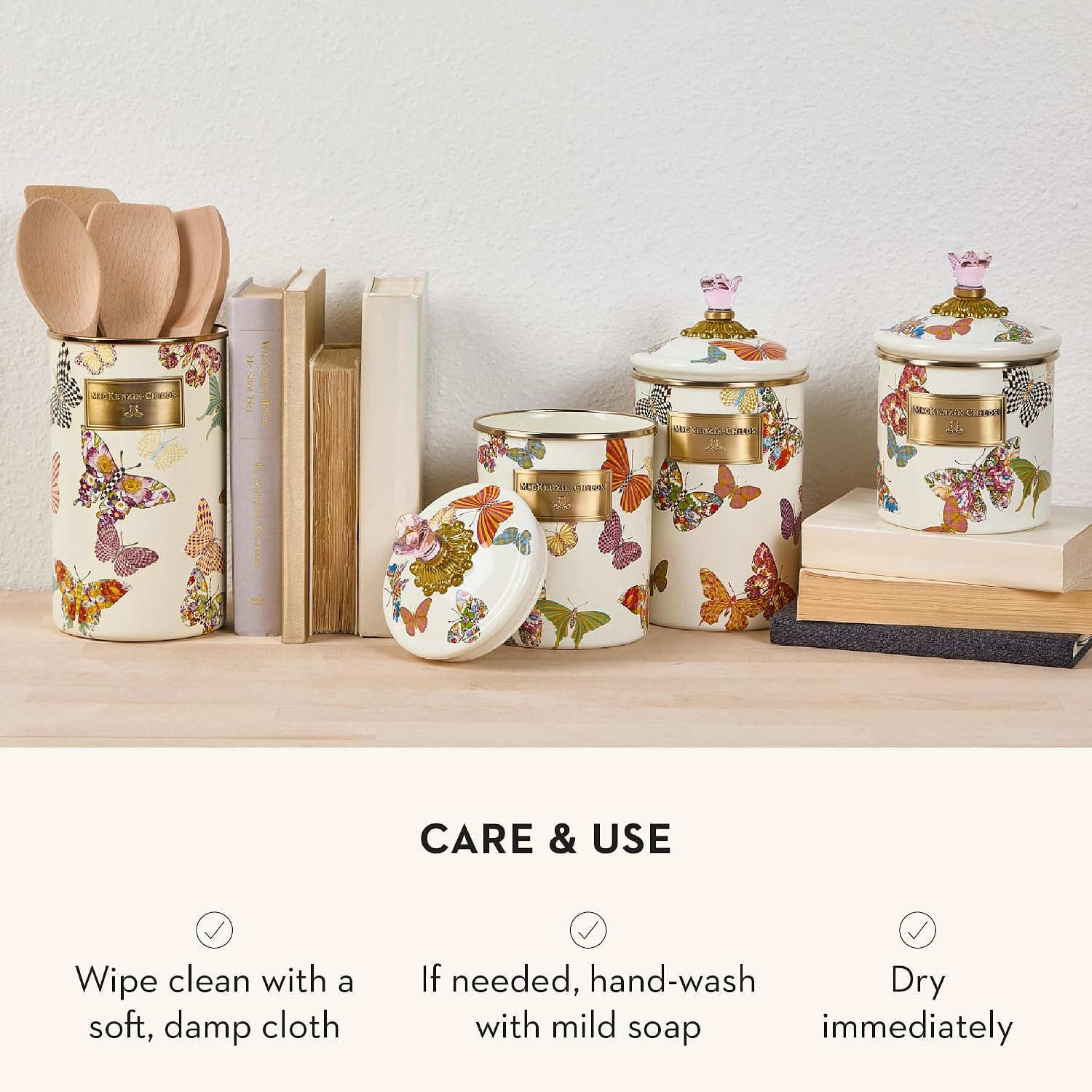 MACKENZIE-CHILDS Enamel Canister, Large, White Butterfly Garden | Hand-applied design, made from enameled steel, versatile kitchen storage container for flour and sugar, 64-ounce capacity