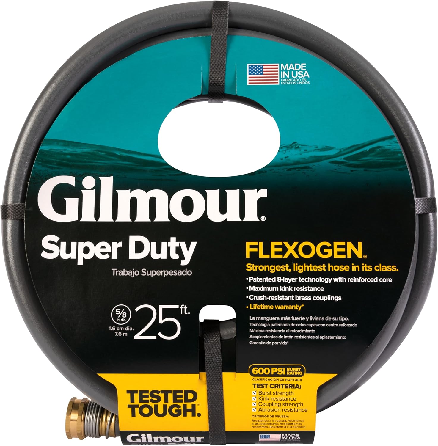 Gilmour Flexogen 5/8 in x 25 ft Garden Hose, Heavy Duty Water Hose, Flexible and Kink Resistant Outdoor Hose | 8-layer heavy duty build
