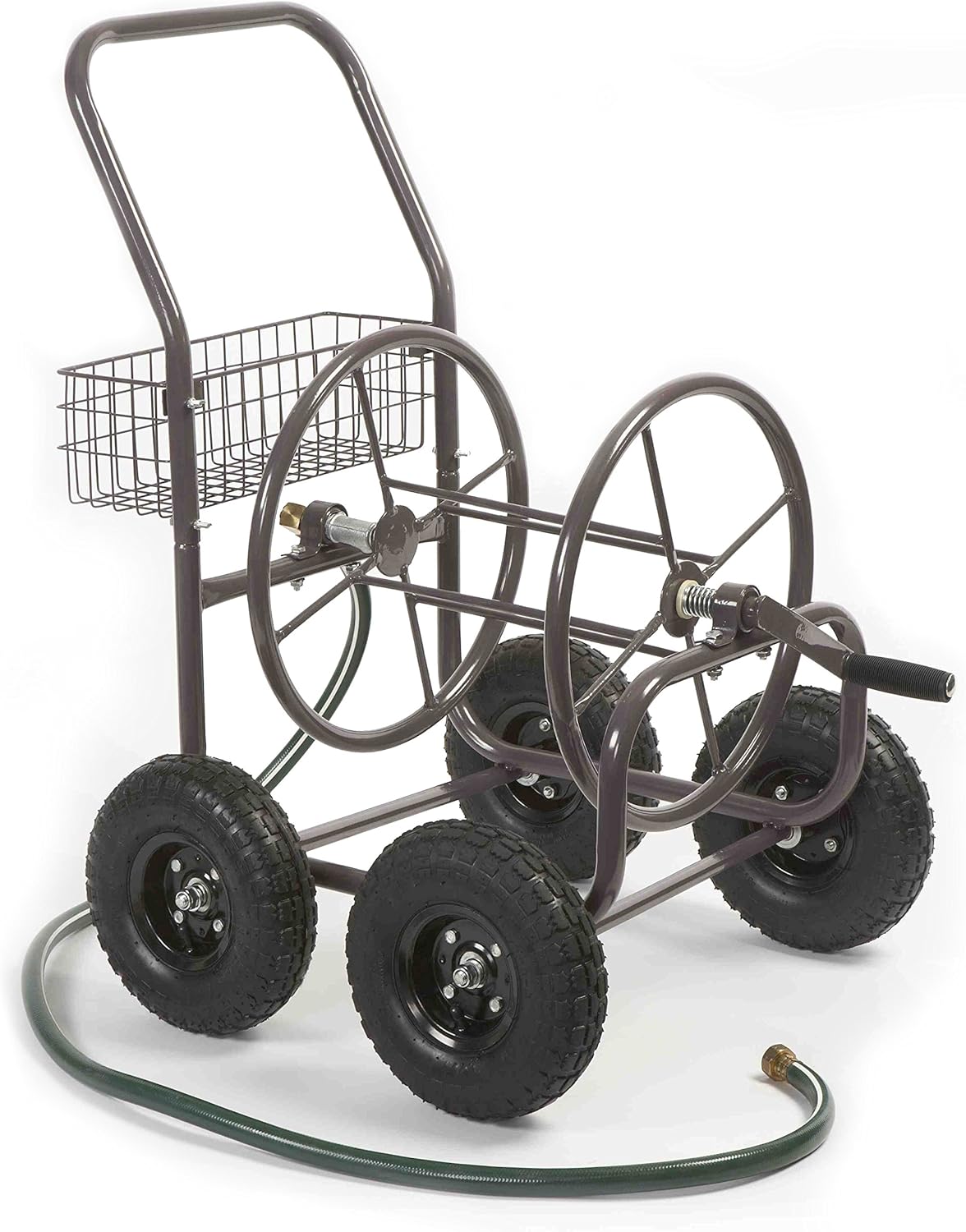 Liberty Garden Residential Grade Four Wheel 250 Foot Capacity Steel Frame Water Hose Reel Cart with Basket for Backyard, Garden, or Home, Brown