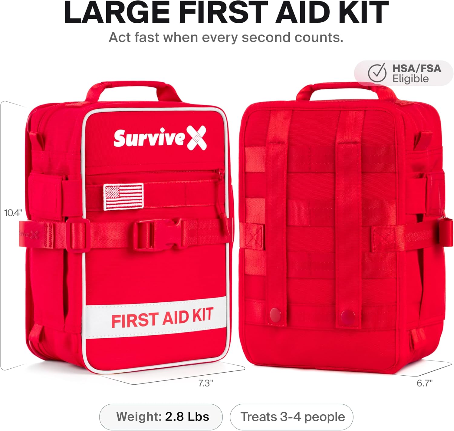 SurviveX Large First Aid Kit, Labeled Pockets, Zip Stitch Wound Closures | Close wounds without stitches, quickly find what you need, first aid emergency kit for car, home, travel, camping, outdoors