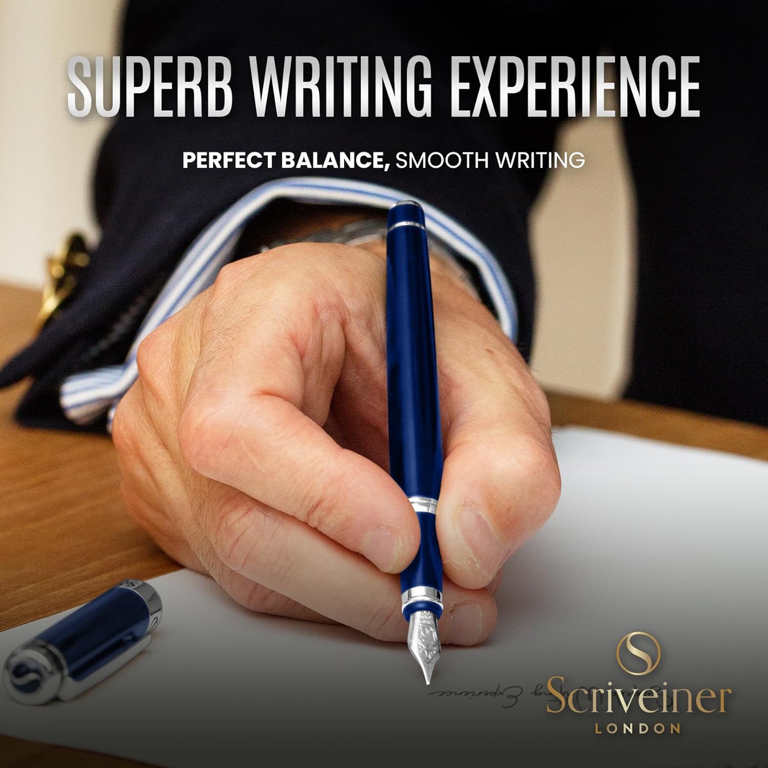 Scriveiner Silver Chrome Fountain Pen - Stunning Luxury Pen, Real Gold Finish Schmidt Gilded Nib (Medium), Best Pen Gift Set for Men & Women