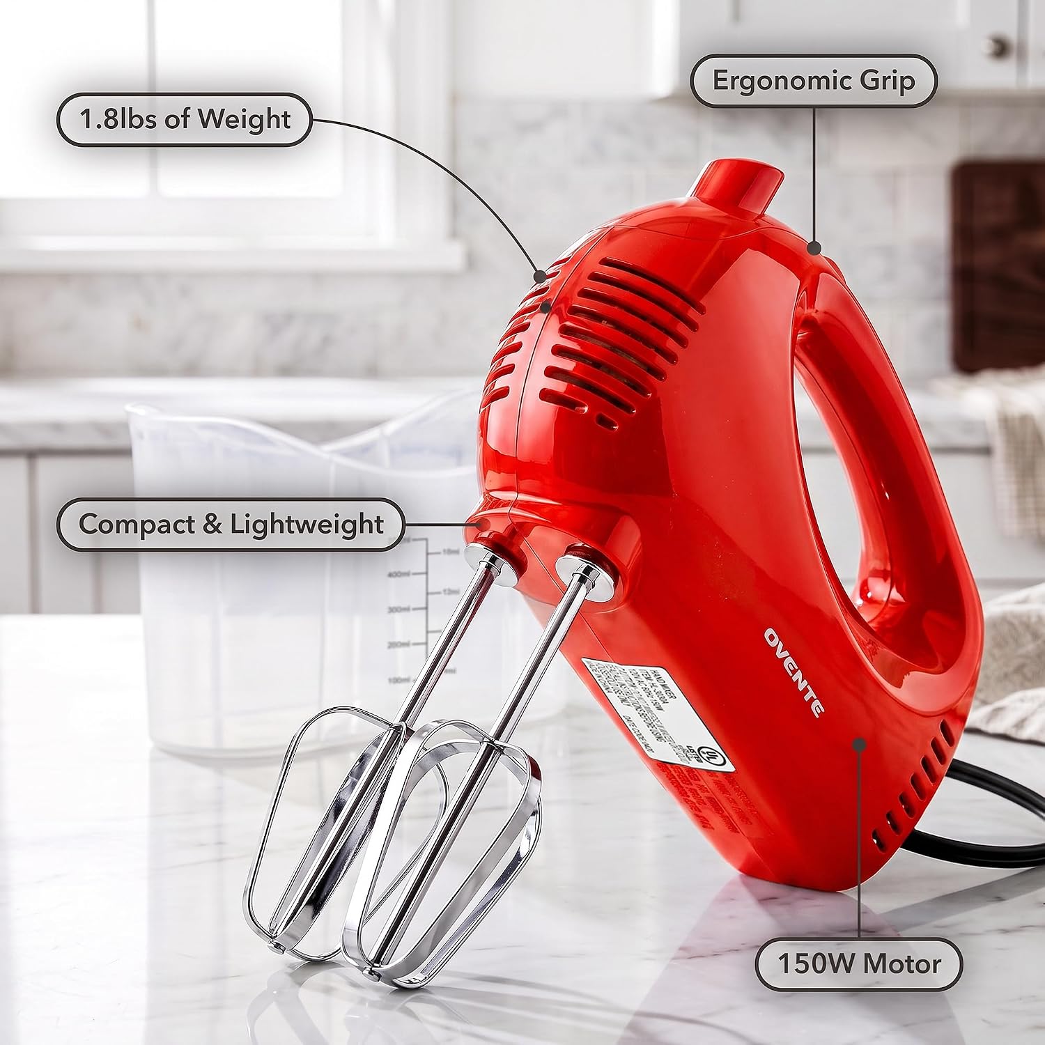 OVENTE 5-Speed Electric Hand Mixer with Storage Case,150W, White HM151W | Stainless Steel Whisks, Compact Portable Design, Lightweight Handheld Mixer for Baking & Cooking