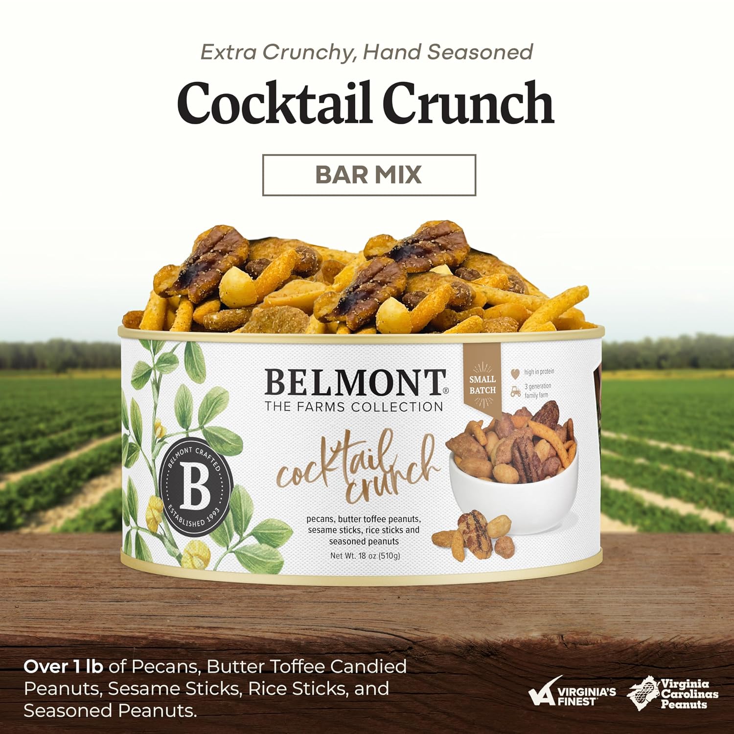 Belmont Peanuts Gourmet Sea-Salted Virginia Peanuts, 20 oz (1 Pack) – Only 3 Simple Ingredients, No Preservatives, 7g Protein – A Premium, Salty, Crunchy, Hand Seasoned Snack