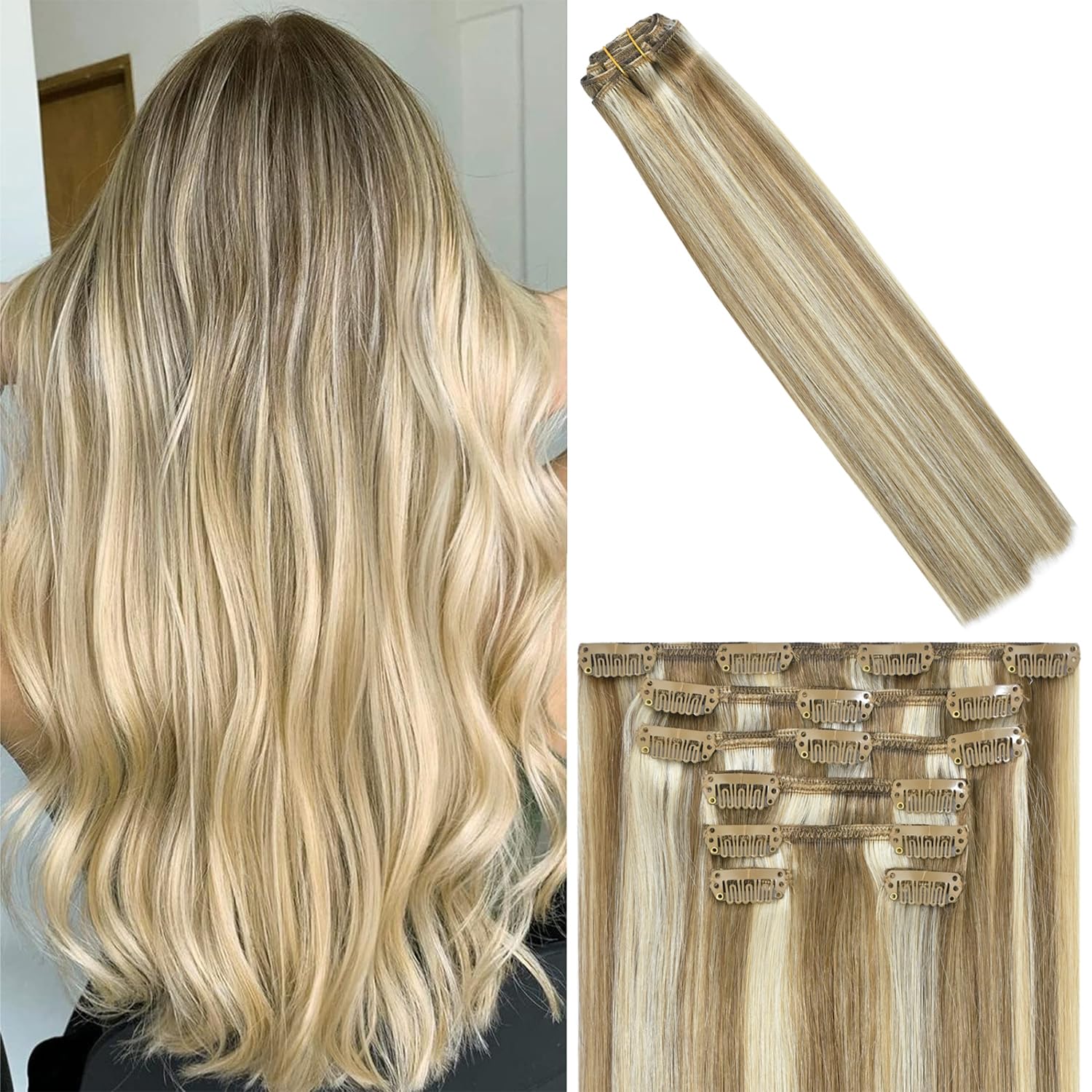 WindTouch Clip In Hair Extensions Human Hair Mixed Bleach Blonde 18Inch 75g Hair Extensions for Women Remy Blonde Extensions Clip in #18p613 7PCS