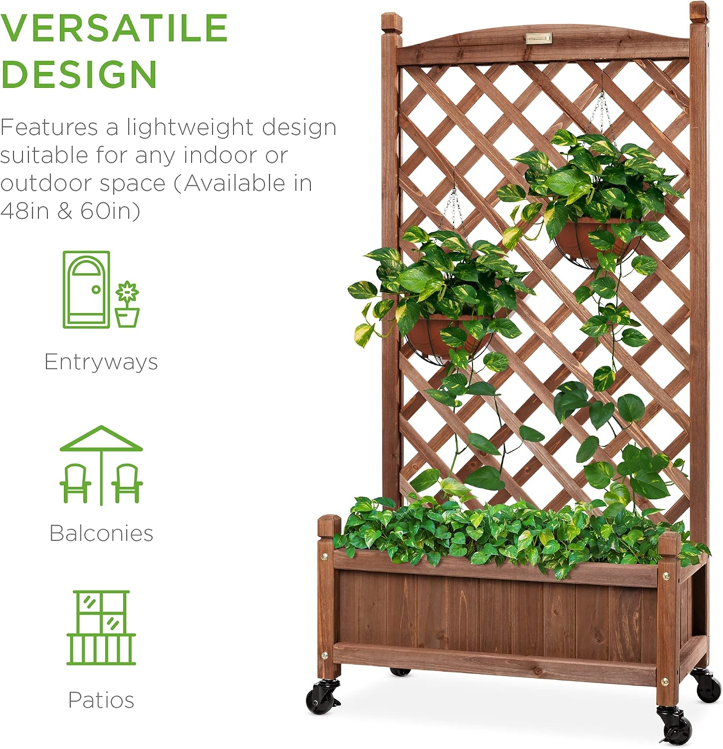 Best Choice Products Set of 2 48in Wood Planter Box & Diamond Lattice Trellis, Mobile Outdoor Raised Garden Bed for Climbing Plants w/Drainage Holes