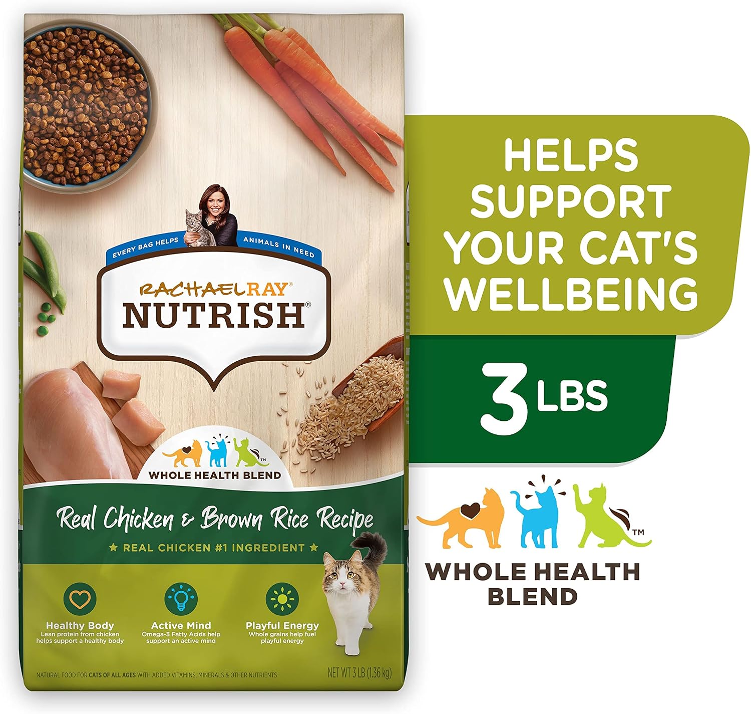 Nutrish Dry Cat Food, Chicken & Brown Rice Recipe, 3 lb. Bag (Rachael Ray) | Suitable For All Life Stages, Veterinarian Reviewed Formula, Natural Food with Added Vitamins, Minerals & Nutrients