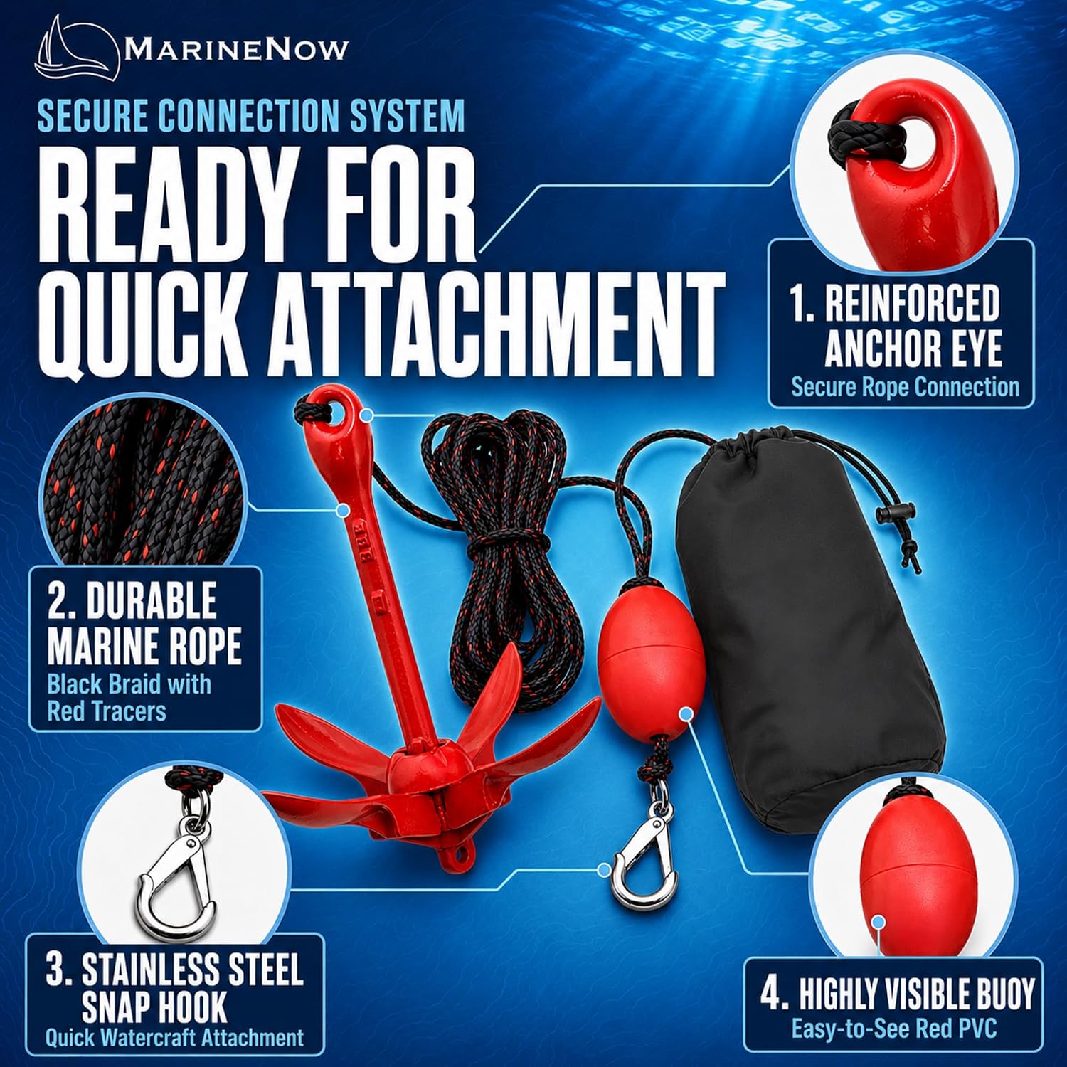 3.5 lb Grapnel Anchor Kit – Folding Anchor with 25 ft Marine-Grade Rope, Buoy, Snap Hook & Storage Bag – Ideal for Kayaks, Jet Skis, SUP, Canoes