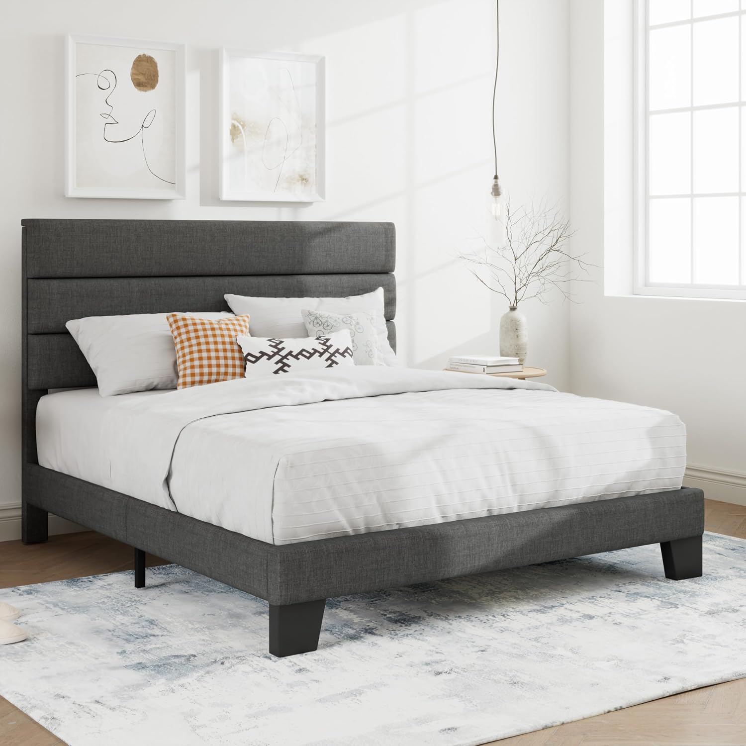 SHA CERLIN Full Platform Bed Frame with Upholstered Fabric Headboard, Grey