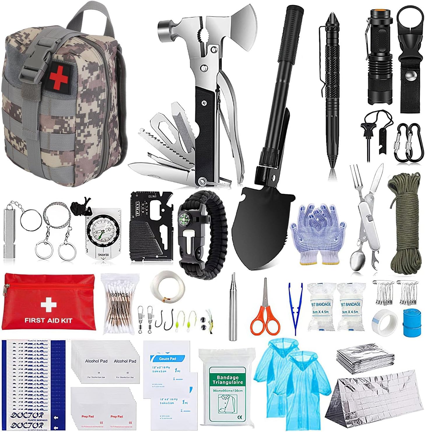 Survival Kit, 125Pcs Emergency Survival Gear Tactical with First Aid Kit Supplies Multifunctional Axe, Emergency Shelter for Outdoor, Camping, Hiking