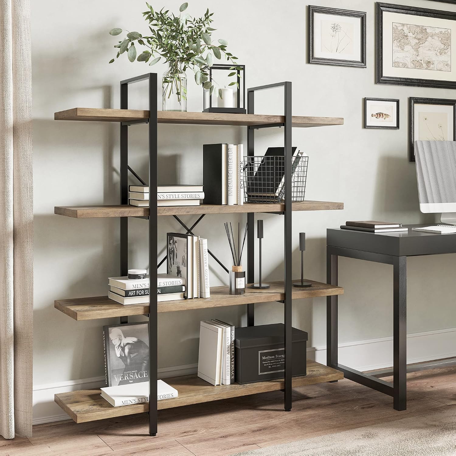 BELLEZE 4 Tier Modern Rustic Industrial Bookshelf, Open Wide Office Etagere Book Shelf