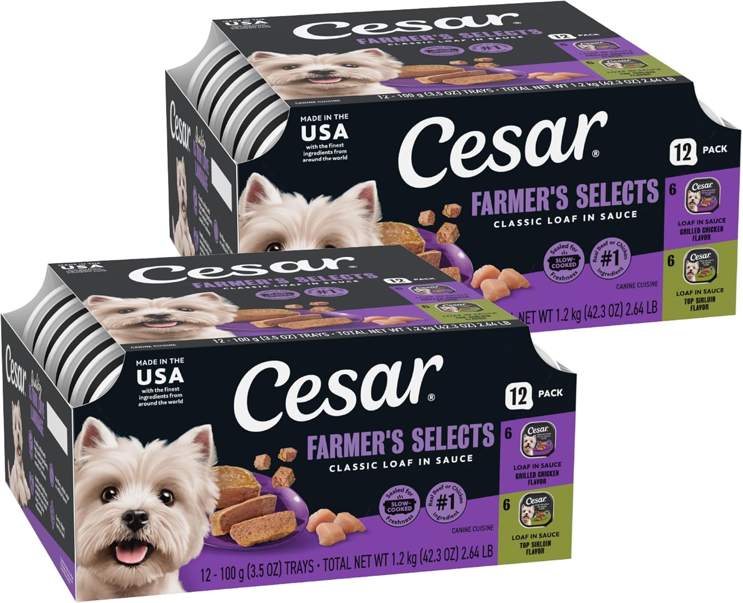 Cesar Classic Loaf Wet Dog Food, Meaty Selects, 3.5 oz, 12 Count, 2-Pack | Made in USA, Filet Mignon & Porterhouse Steak flavors, real beef #1 ingredient, no artificial flavors, easy peel trays