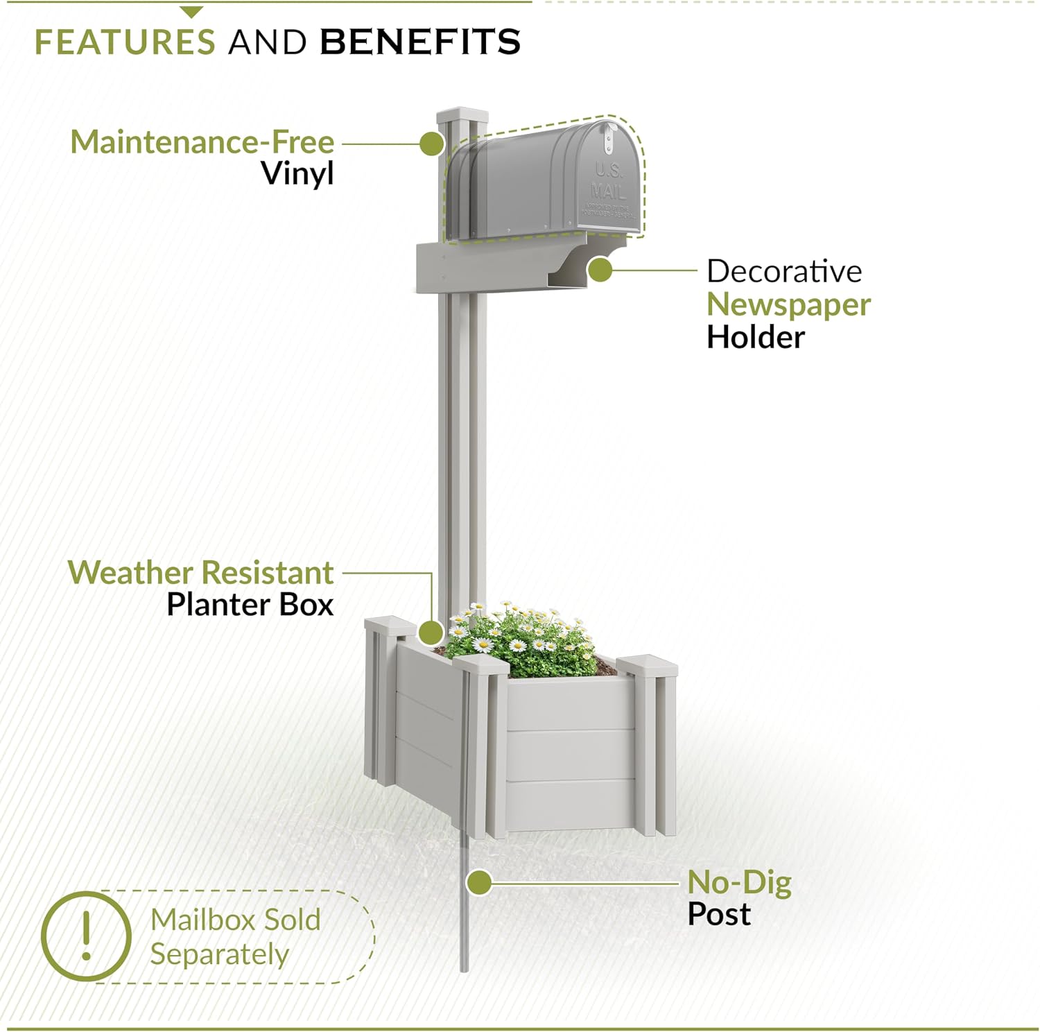 Zippity Majestic Mailbox Post w/Planter Box, White Vinyl DIY No Dig Kit | 1 Post + Planter Box, Mailbox Sold Separately, ZP19027