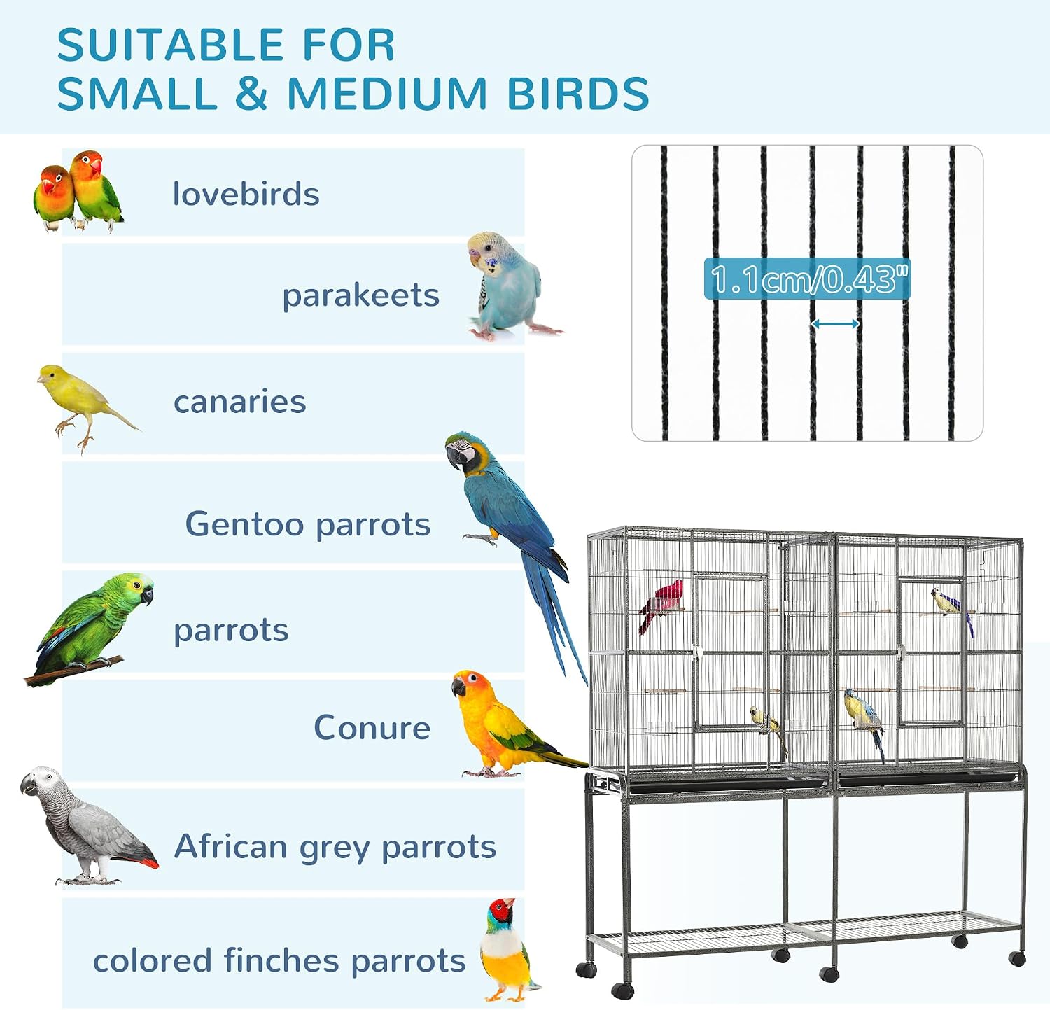 PawHut 65" Double Rolling Metal Bird Cage with Divider, Large Parrot Cage for Parakeet, Canaries, Lovebirds, Budgie, Finch