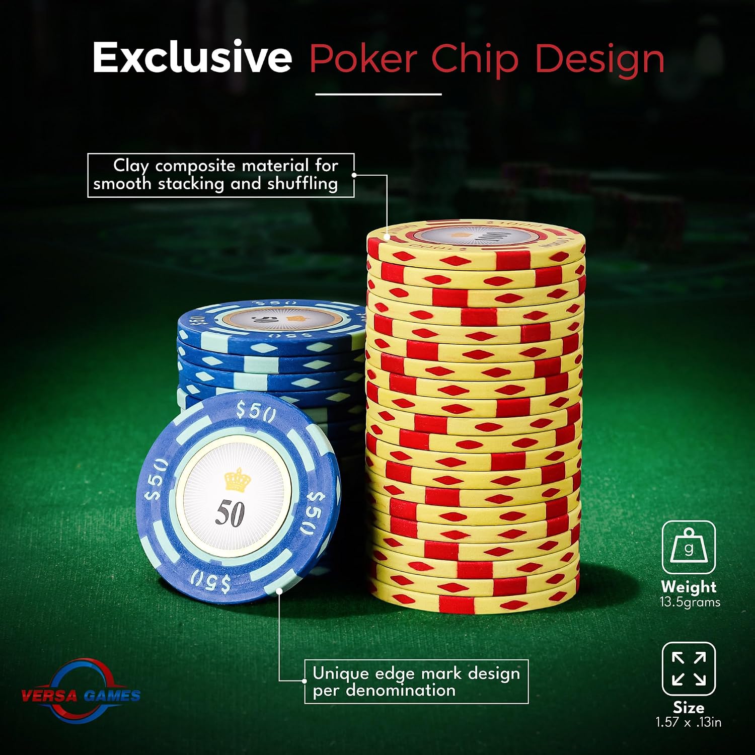 Versa Games Poker Chips - Clay Poker Chips Set - 13.5g 500 Piece Crown Casino Poker Set with Numbers Denomination - Upgraded Poker Set Case