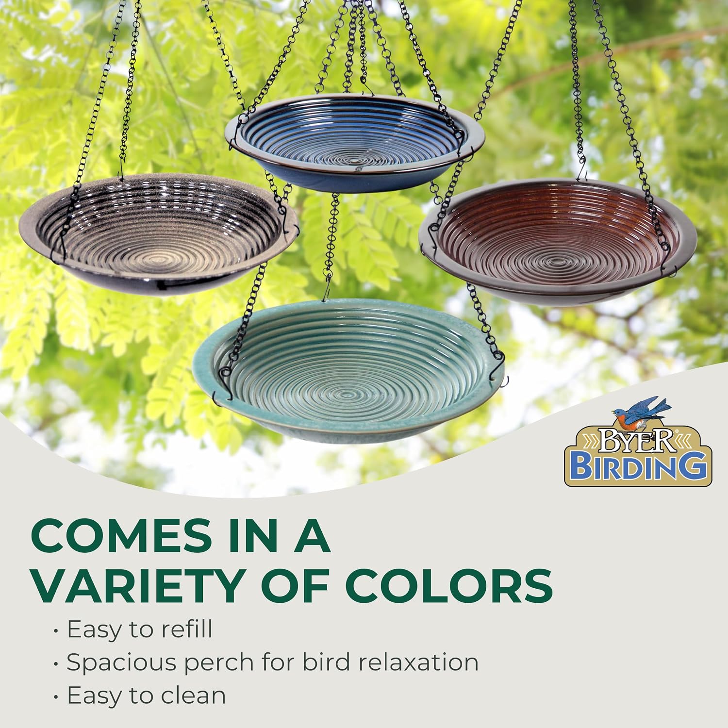 BYER OF MAINE Circles Hanging Bird Bath, Porcelain, Glaze Finish, Adjustable Chain, Sandy Granite, 14”x14”x34” adj