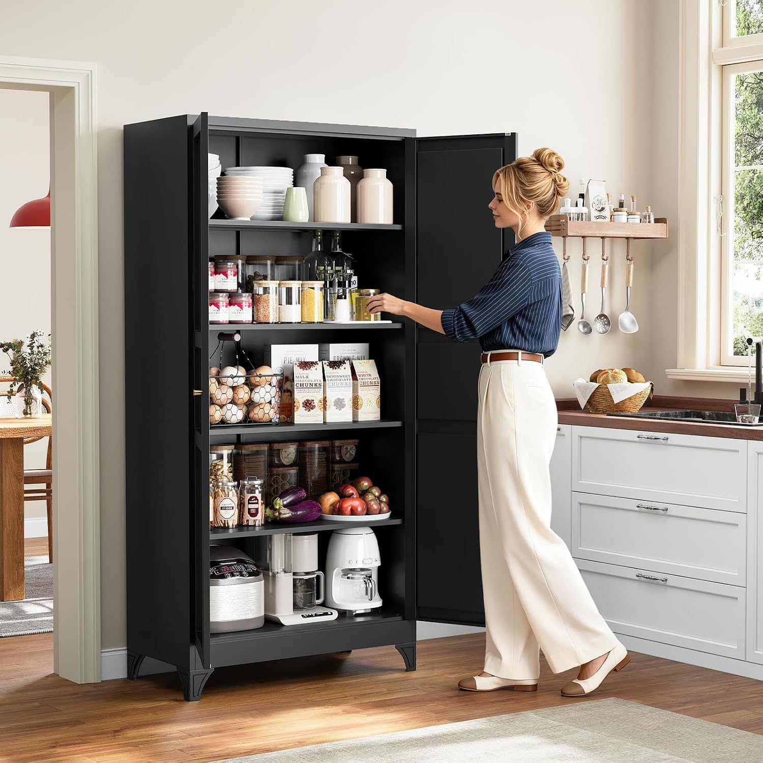 Metal Storage Cabinet with 2 Doors and 4 Adjustable Shelves - 61" White Kitchen Pantry Storage 5-Tier Tall Steel Cabinets Locker for Kitchen, Living Room, Dining Room
