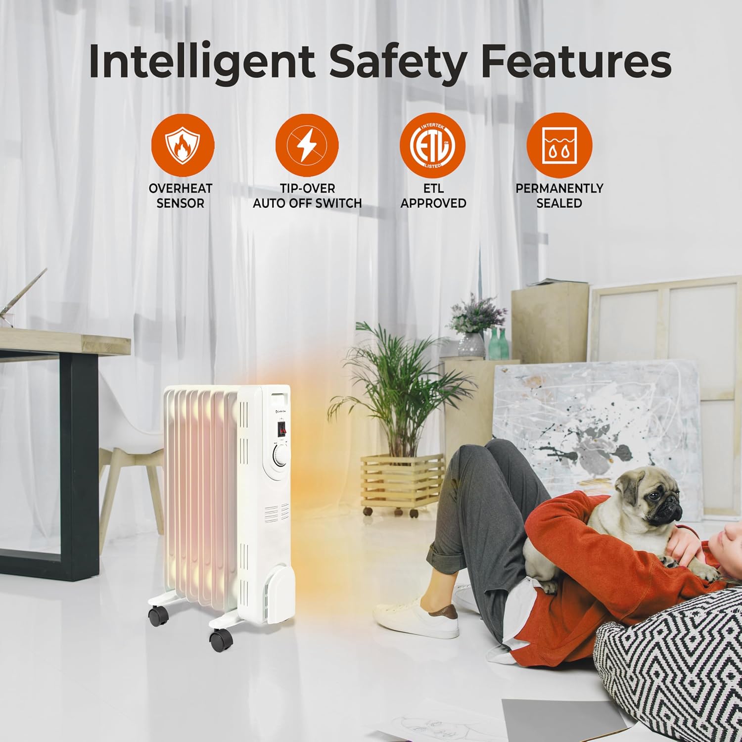 Comfort Zone Electric Oil-Filled Radiant Radiator Space Heater, Never Refill, Adjustable Thermostat, Tip-Over Switch & Overheat Protection System