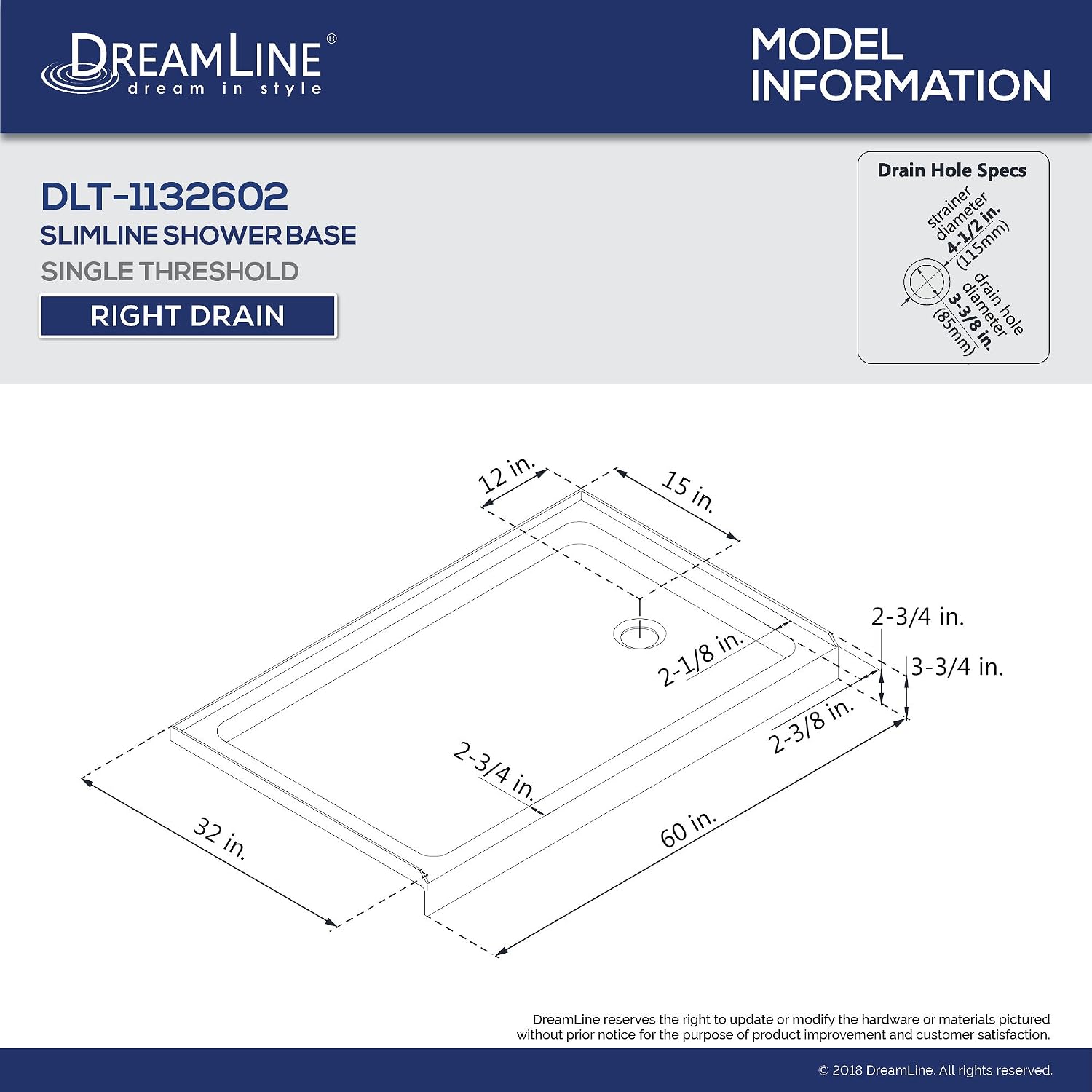 DreamLine 32 in. D x 60 in. W x 76 3/4 in. H Left Drain Acrylic Shower Base and QWALL-5 Backwall Kit In White, DL-6190L-01