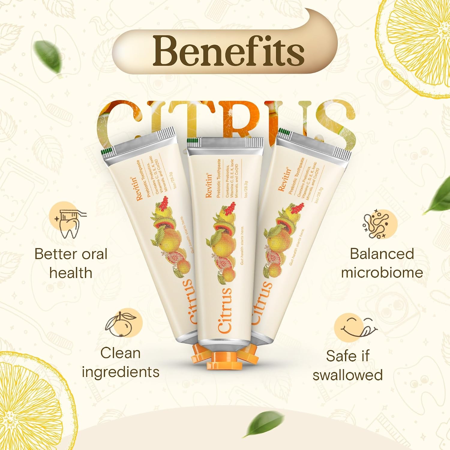 Revitin Toothpaste | Fluoride-Free Prebiotic Citrus Tooth Gel | No SLS, Gluten Free, Dye Free, GMO Free, No Sweeteners | Non-Toxic, Kid Approved